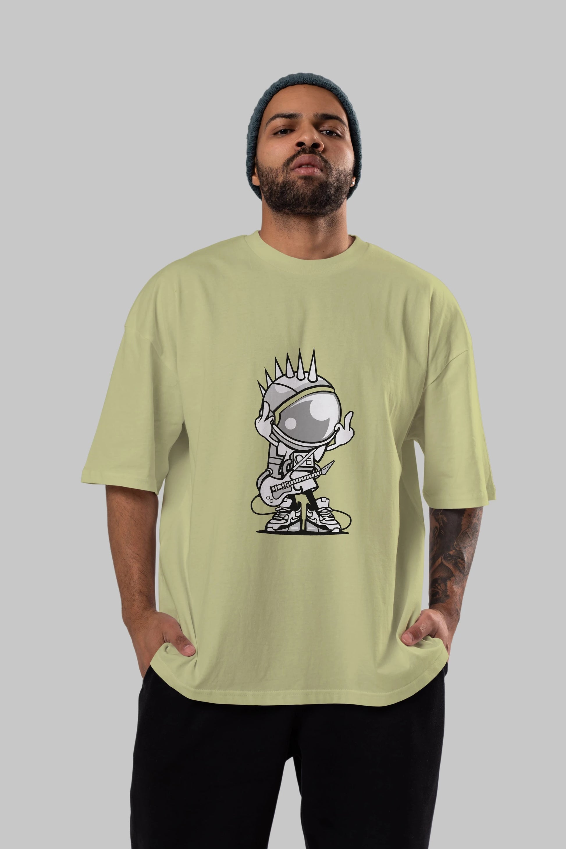 Astronaut Punk Rock Ön Baskılı Oversize t-shirt Erkek Kadın Unisex %100 Pamuk tişort