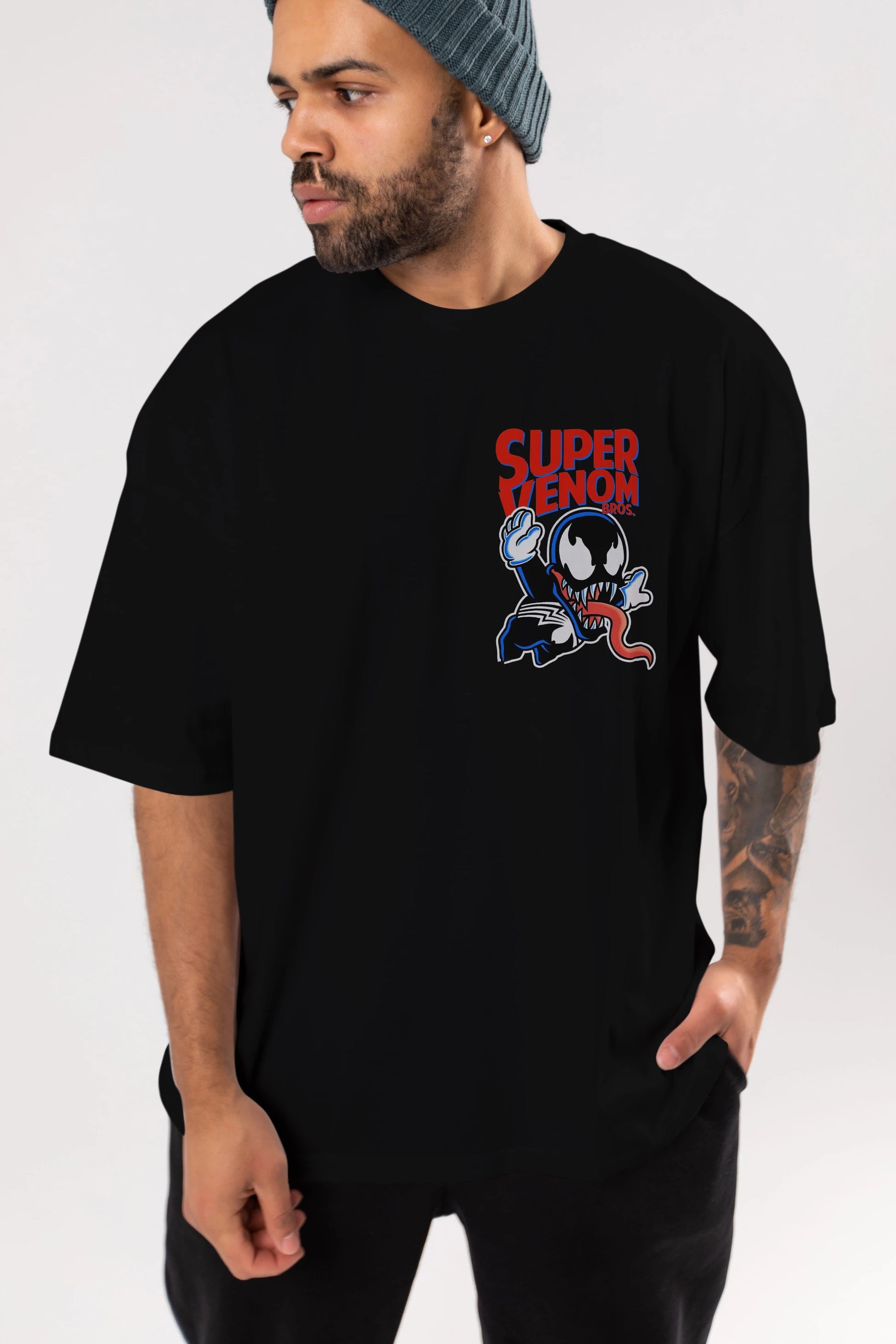 Super Venom Ön Sol Baskılı Oversize t-shirt Erkek Kadın Unisex %100 Pamuk Bisiklet Yaka tişort