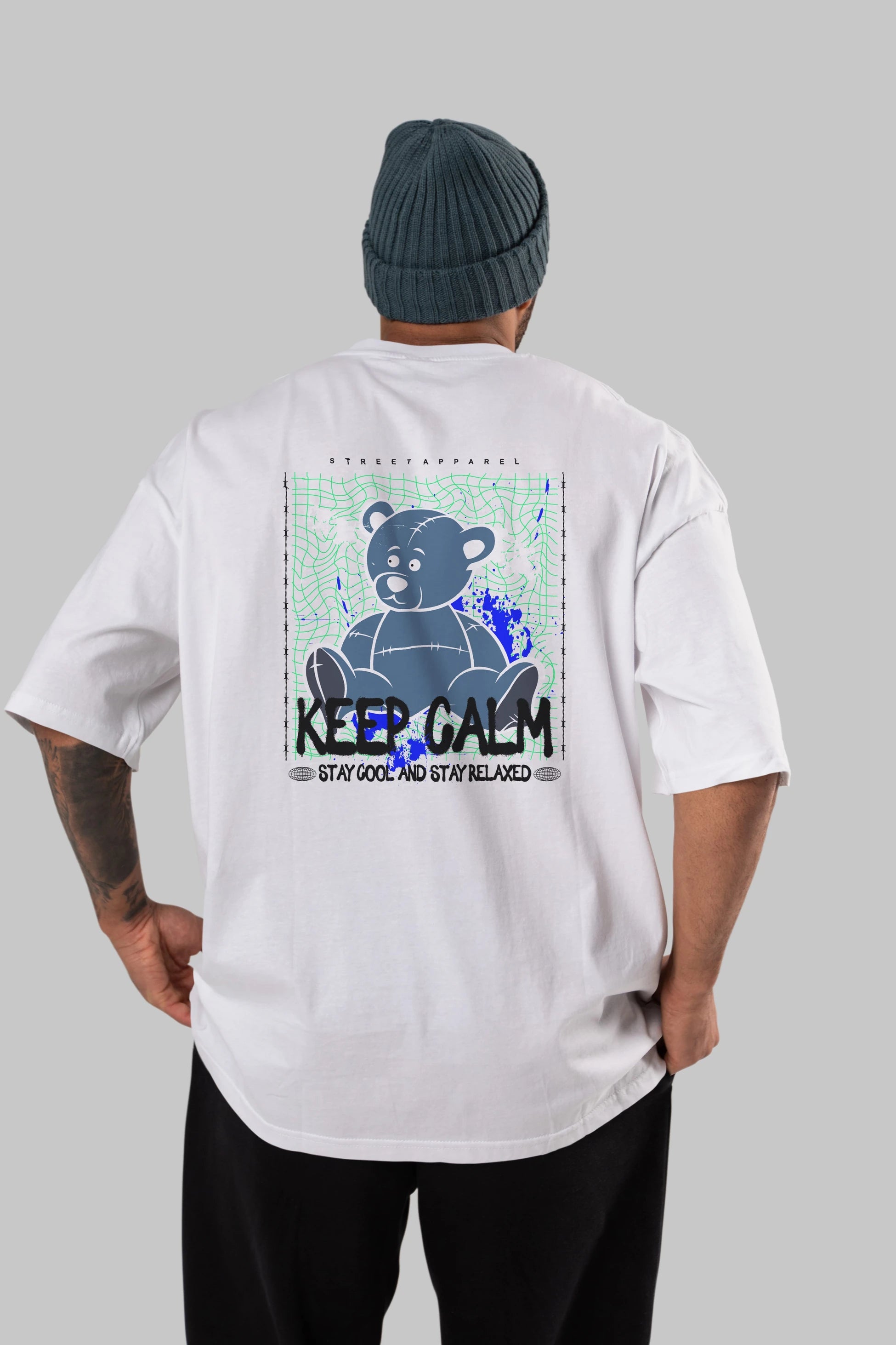 Keep Calm Bear Arka Baskılı Oversize t-shirt Erkek Kadın Unisex