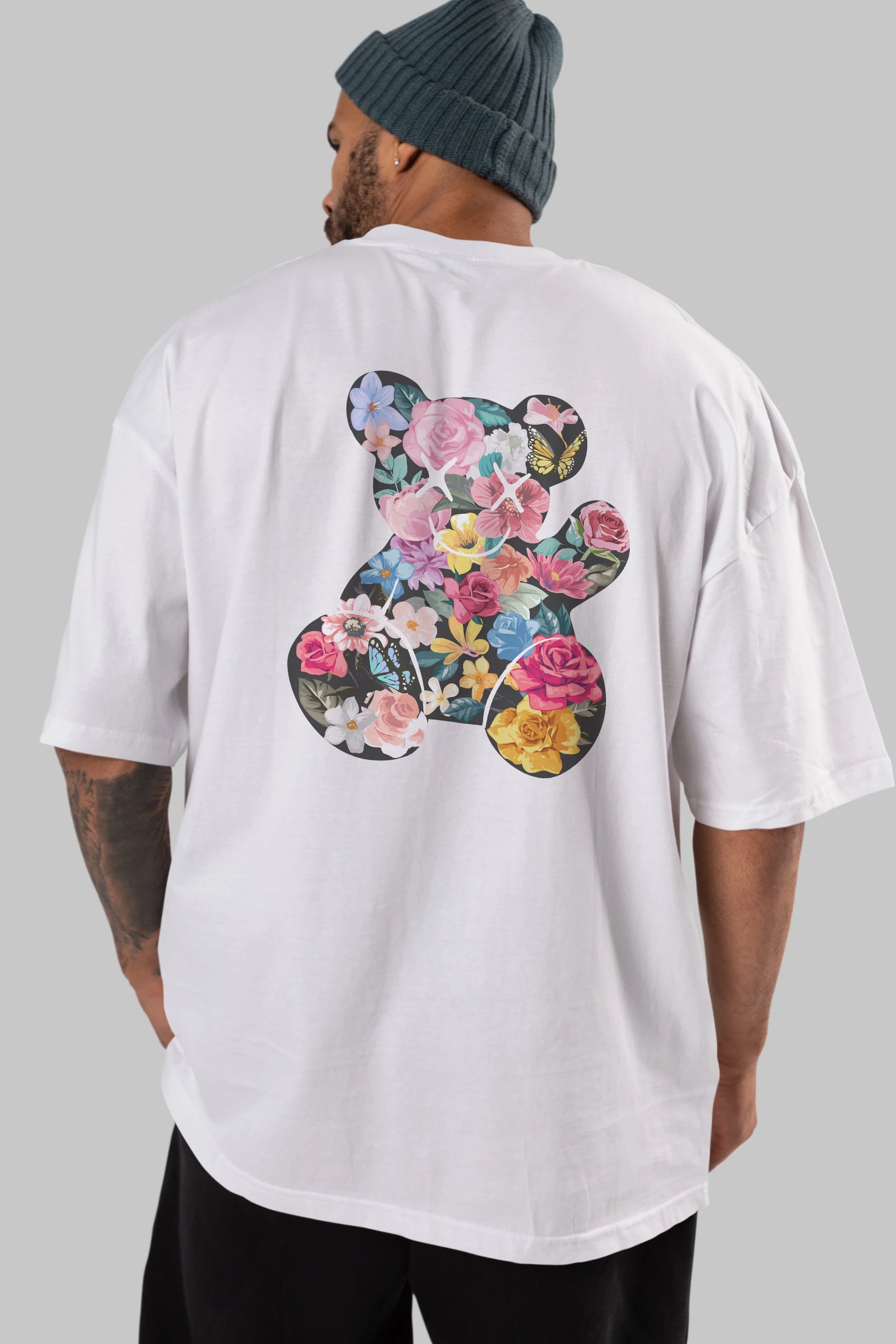 Flowers Bear Arka Baskılı Oversize t-shirt Erkek Kadın Unisex