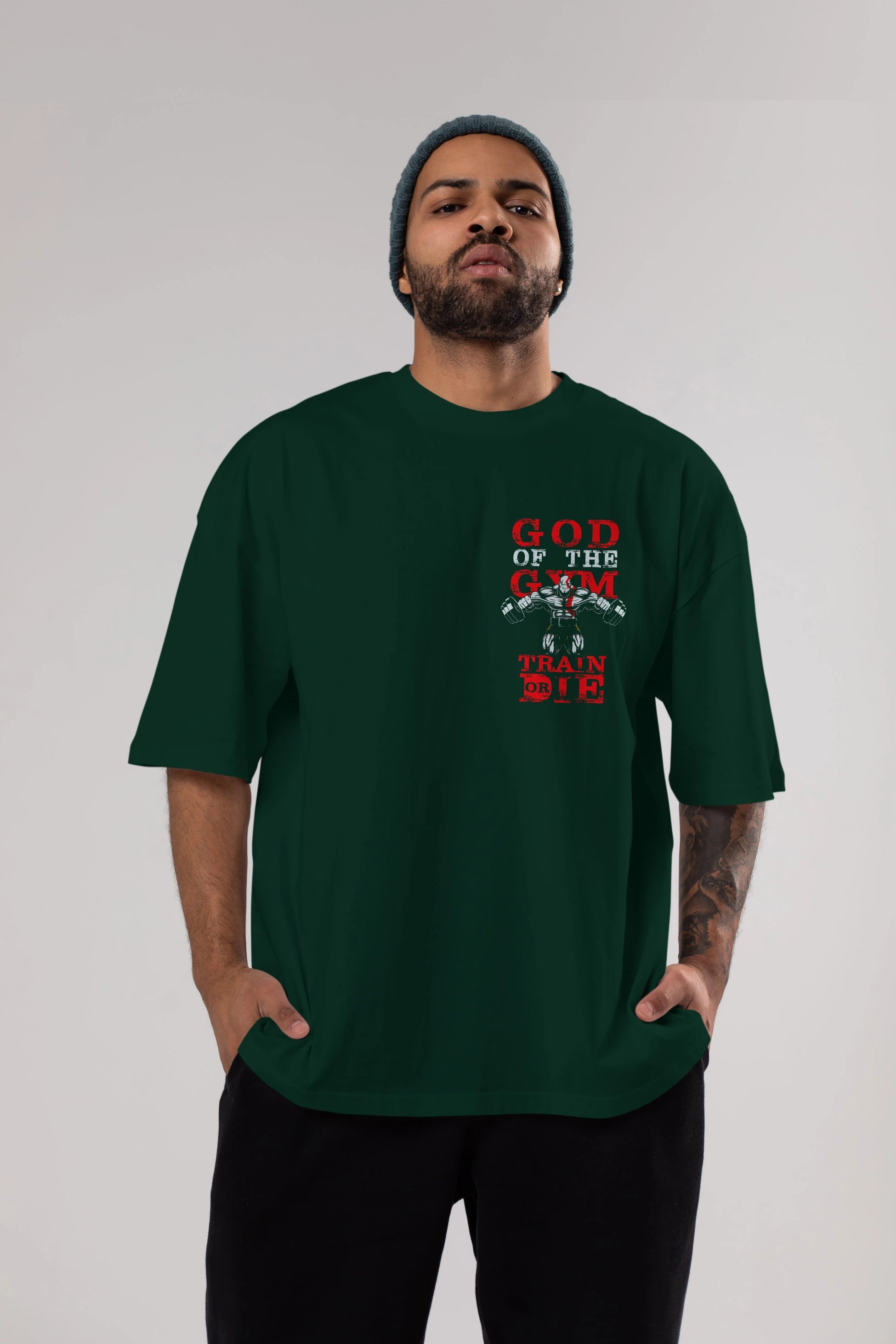 God of The GYM Ön Sol Baskılı Oversize t-shirt Erkek Kadın Unisex %100 Pamuk Bisiklet Yaka tişort