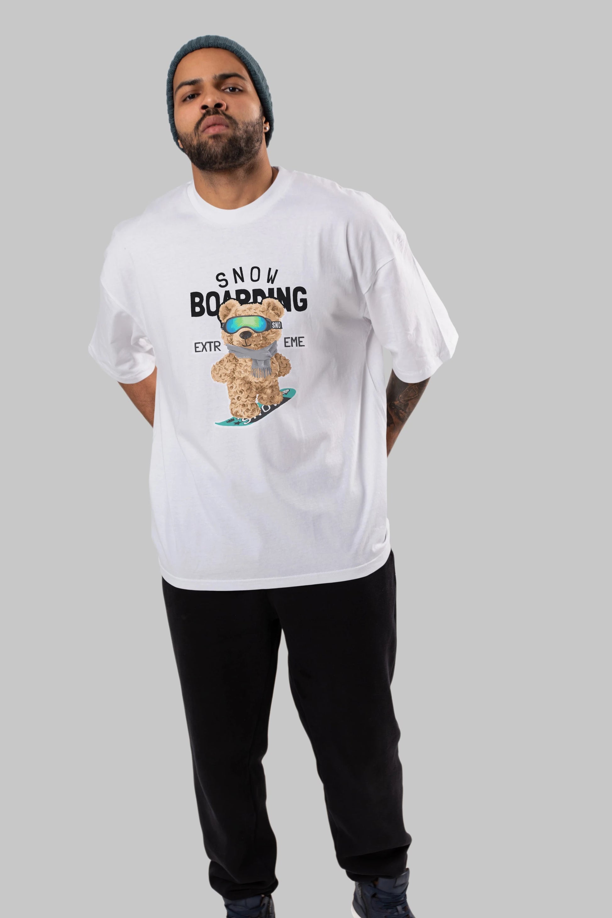 Teddy Bear Snow Boarding Ön Baskılı Oversize t-shirt Erkek Kadın Unisex %100 Pamuk