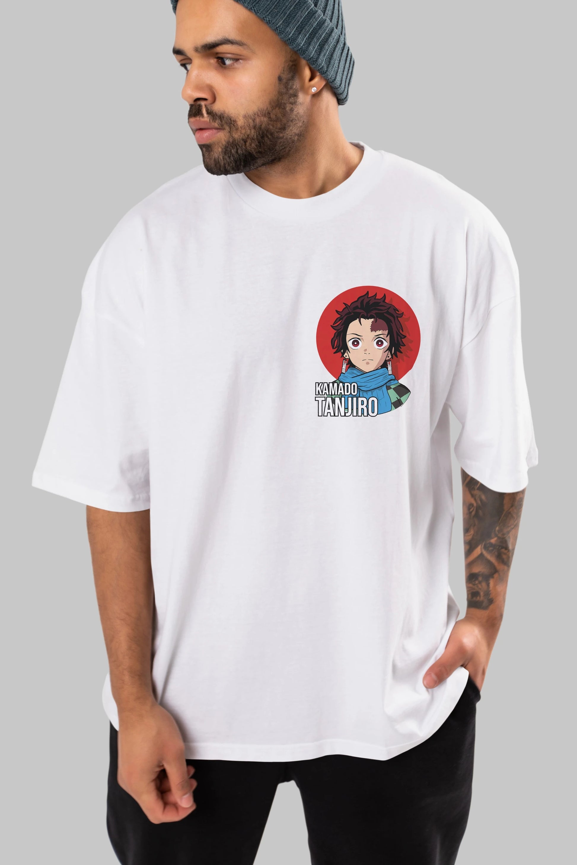 TANJIRO KAMADO Ön Sol Baskılı Oversize t-shirt Erkek Kadın Unisex %100 Pamuk Bisiklet Yaka tişort