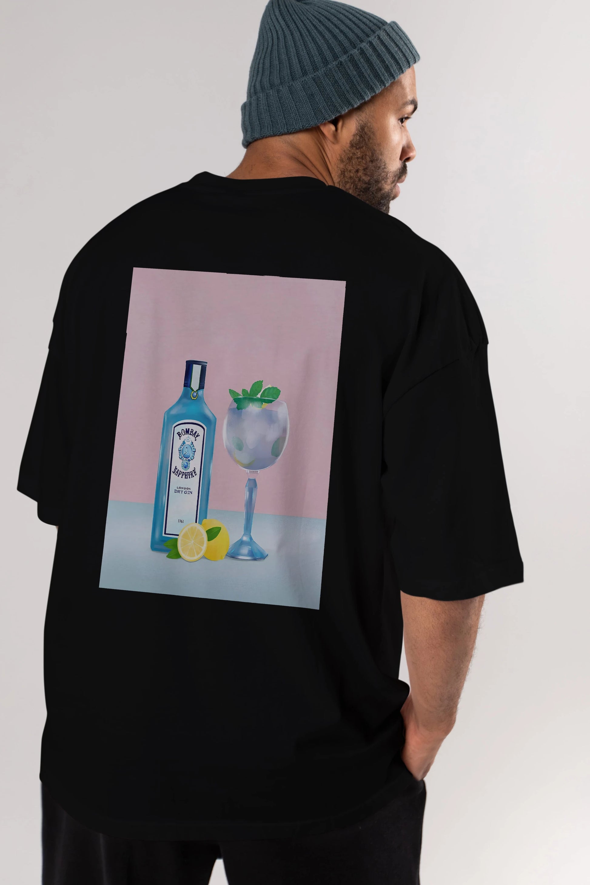 Bombay Sapphire Dry Gin Arka Baskılı Oversize t-shirt Erkek Kadın Unisex %100 Pamuk Bisiklet Yaka tişort