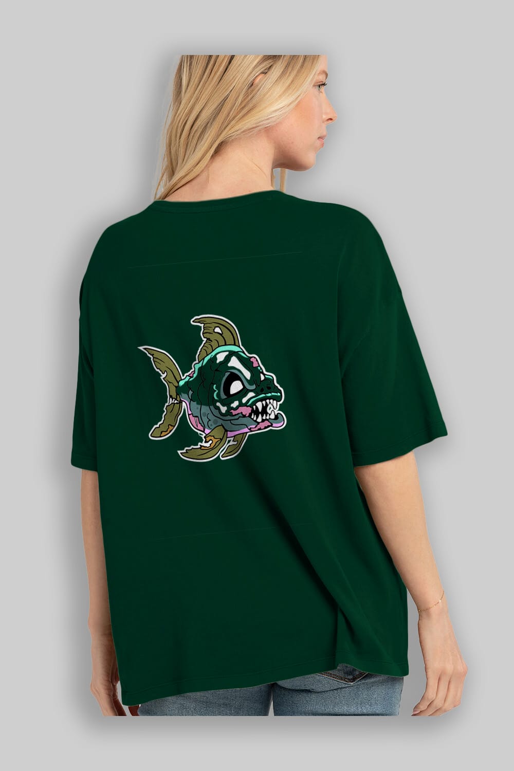 Fish Monster Arka Baskılı Oversize t-shirt Erkek Kadın Unisex %100 Pamuk tişort