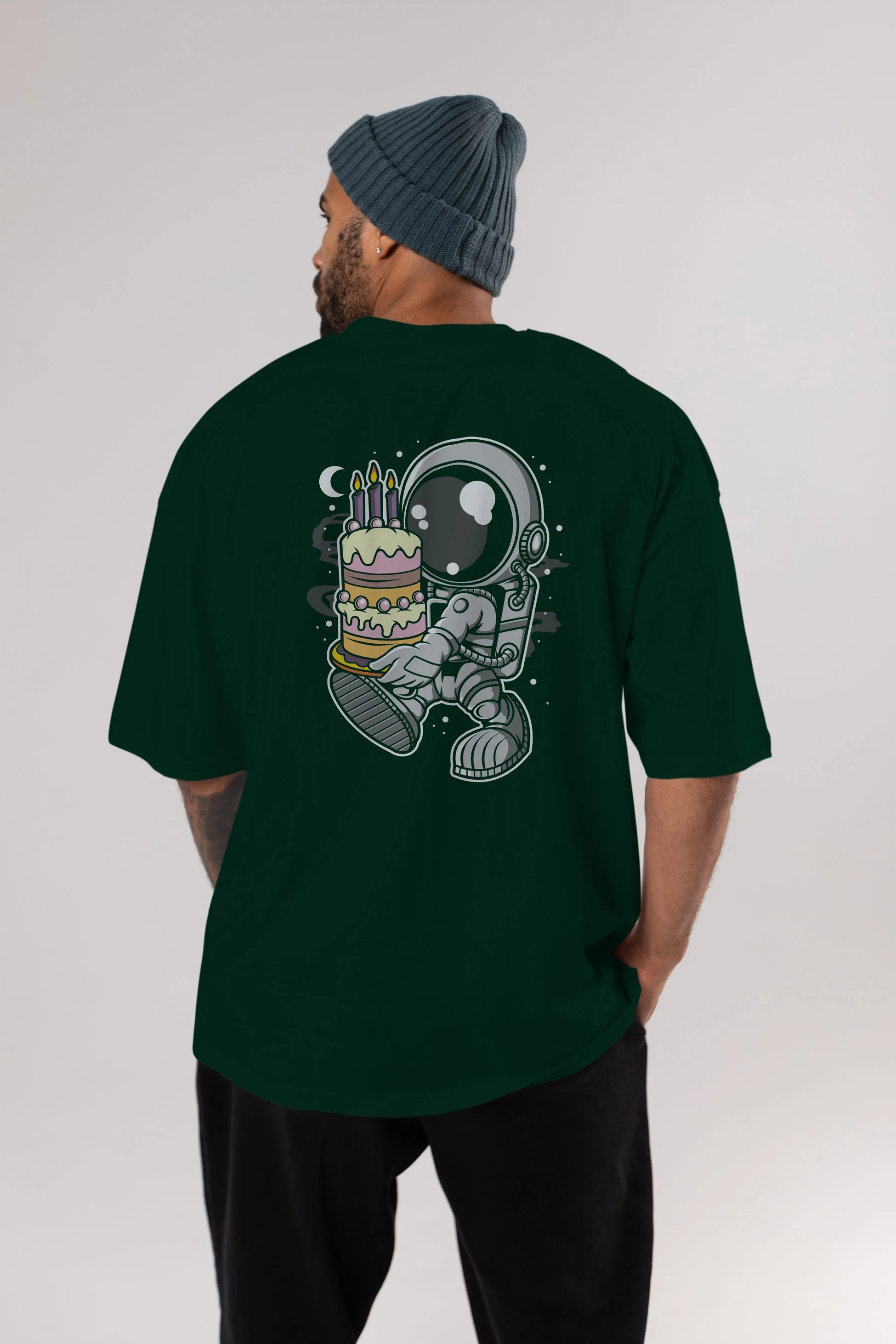 Astronaut Birthday Cake Arka Baskılı Oversize t-shirt Erkek Kadın Unisex