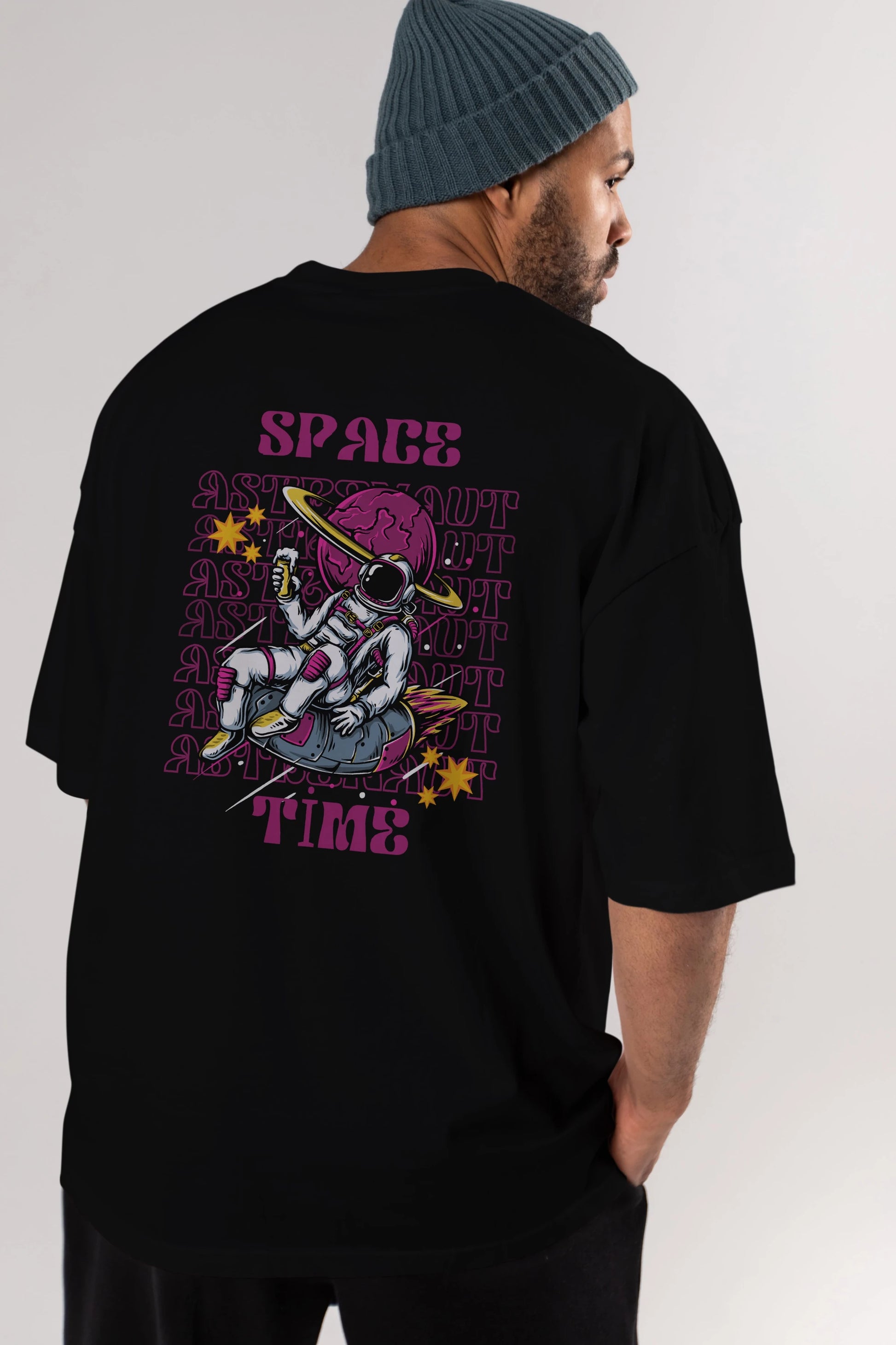 Space Time Astronaut Yazılı Arka Baskılı Oversize t-shirt Erkek Kadın Unisex