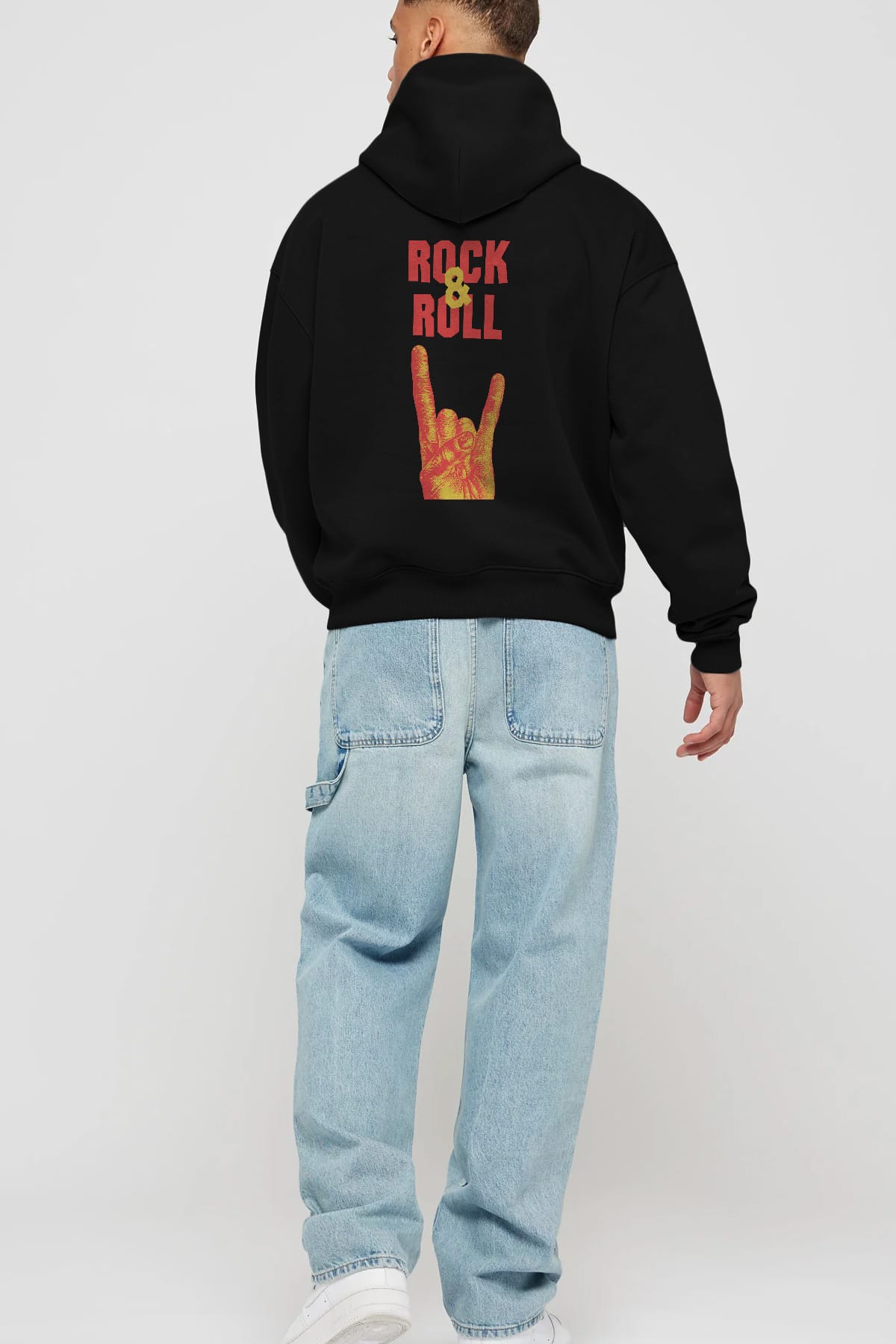 Rock & Roll Yazılı Arka Baskılı Oversize Hoodie Kapüşonlu Sweatshirt Erkek Kadın Unisex