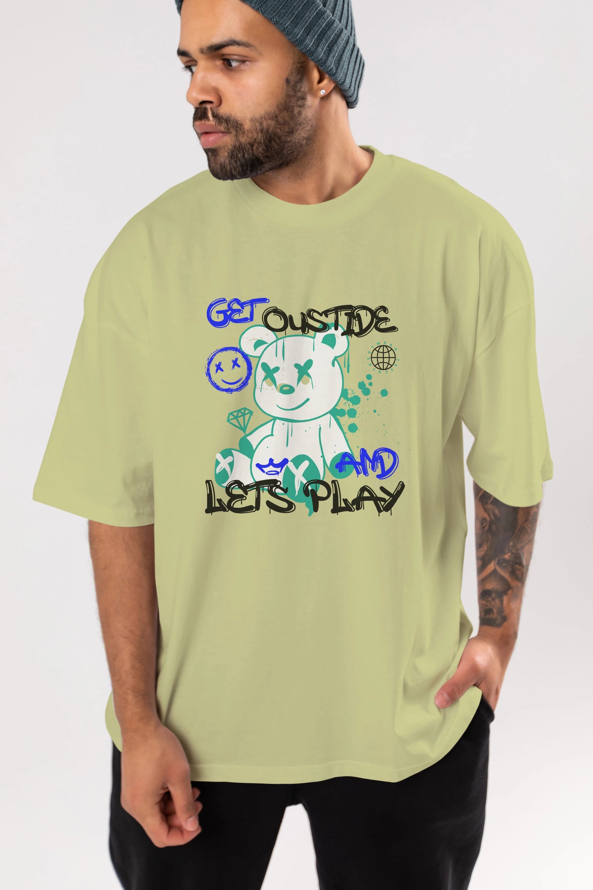 Get Outside Bear Ön Baskılı Oversize t-shirt Erkek Kadın Unisex
