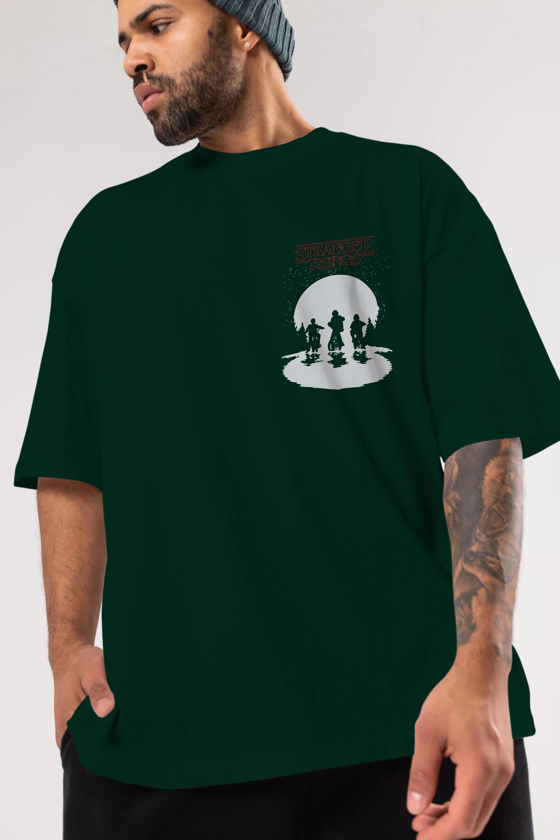 Stranger Things Ön Sol Baskılı Oversize t-shirt Erkek Kadın Unisex %100 Pamuk Bisiklet Yaka tişort