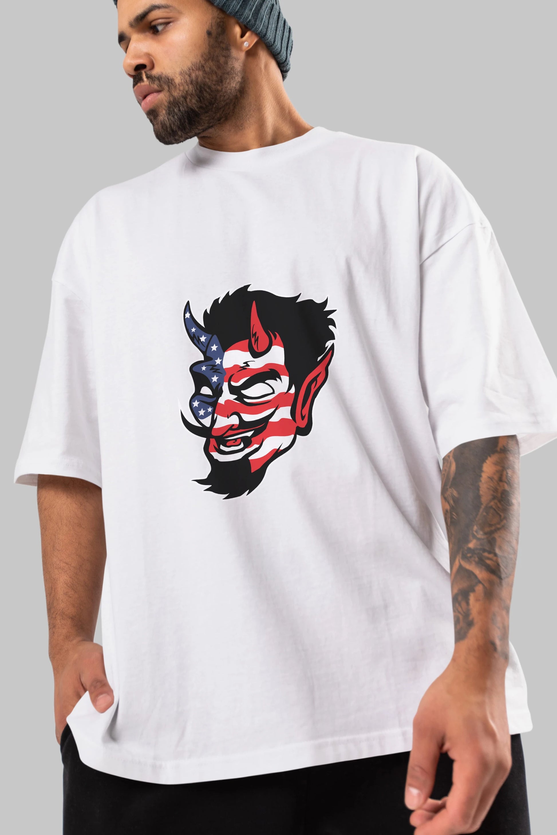 American Devil Ön Baskılı Oversize t-shirt Erkek Kadın Unisex %100 Pamuk tişort