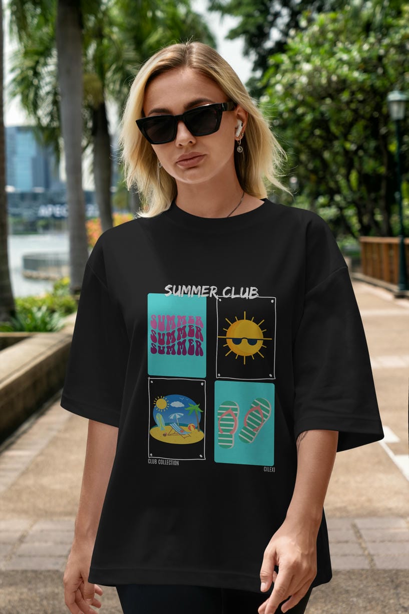 Summer Club ön Baskılı Oversize t-shirt Erkek Kadın %100 Pamuk Bisiklet Yaka tişort
