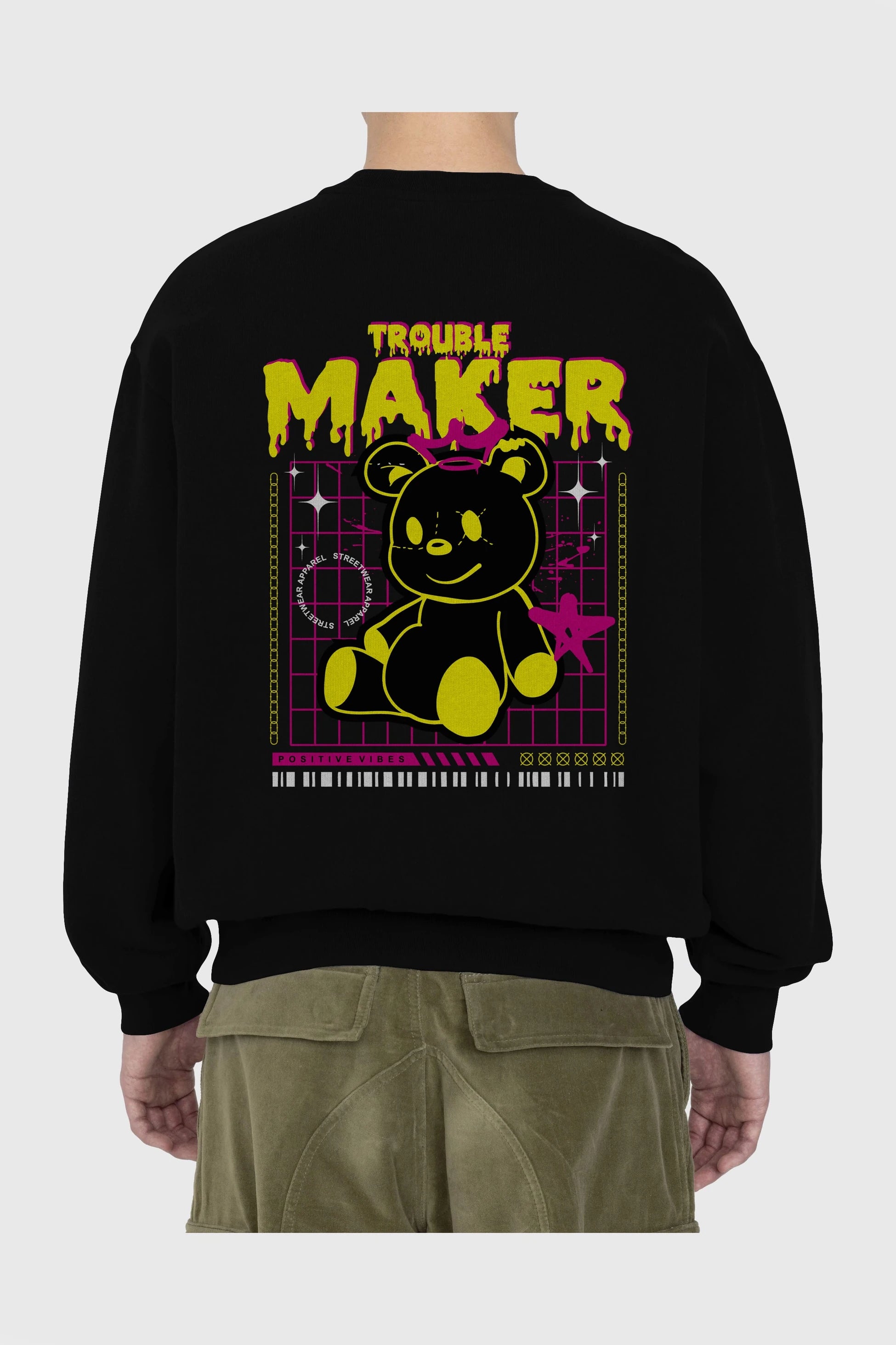 Teddy Bear Trouble Maker Arka Baskılı Oversize Sweatshirt Erkek Kadın Unisex