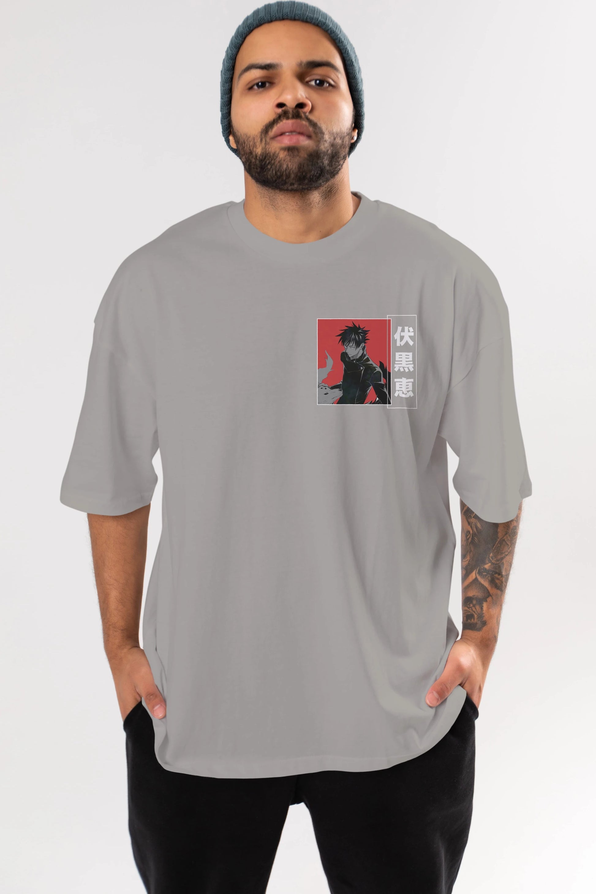 Megumi Fushiguro Ön Sol Baskılı Oversize t-shirt Erkek Kadın Unisex %100 Pamuk Bisiklet Yaka tişort