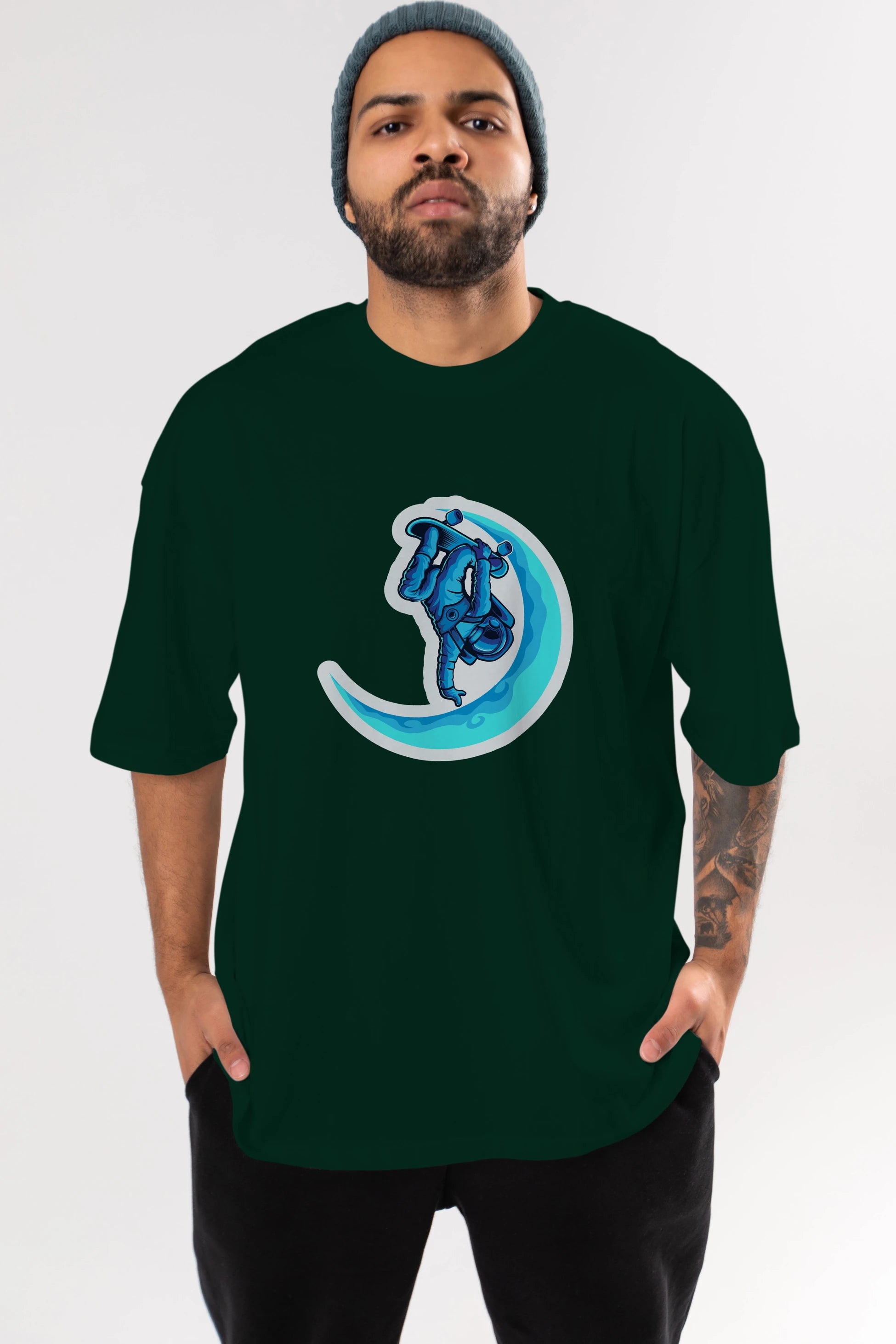 Skating on the moon sticker Ön Baskılı Oversize t-shirt Erkek Kadın Unisex