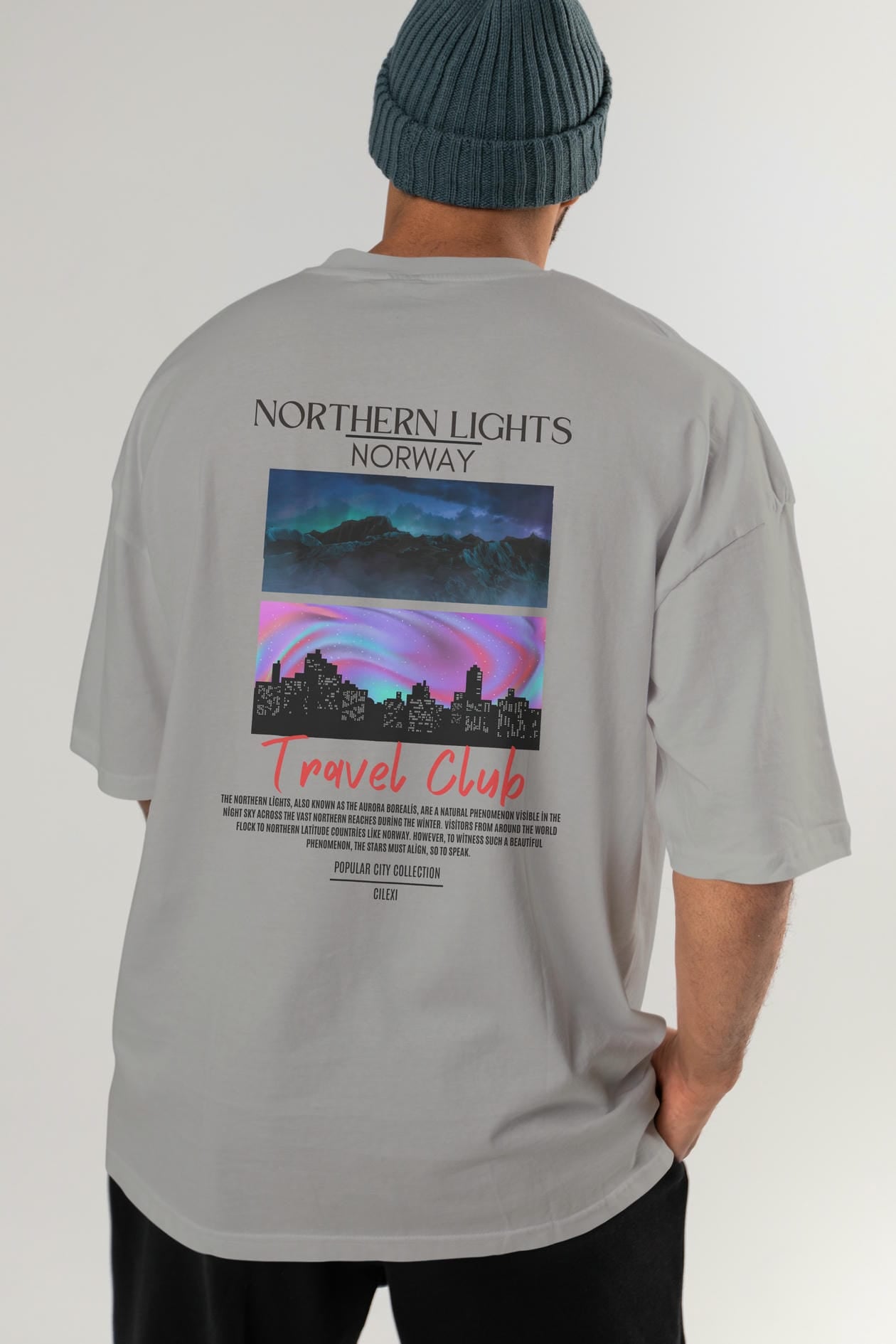 Northern Lights Norway Arka Baskılı Oversize t-shirt Erkek Kadın Pamuk Bisiklet Yaka tişort