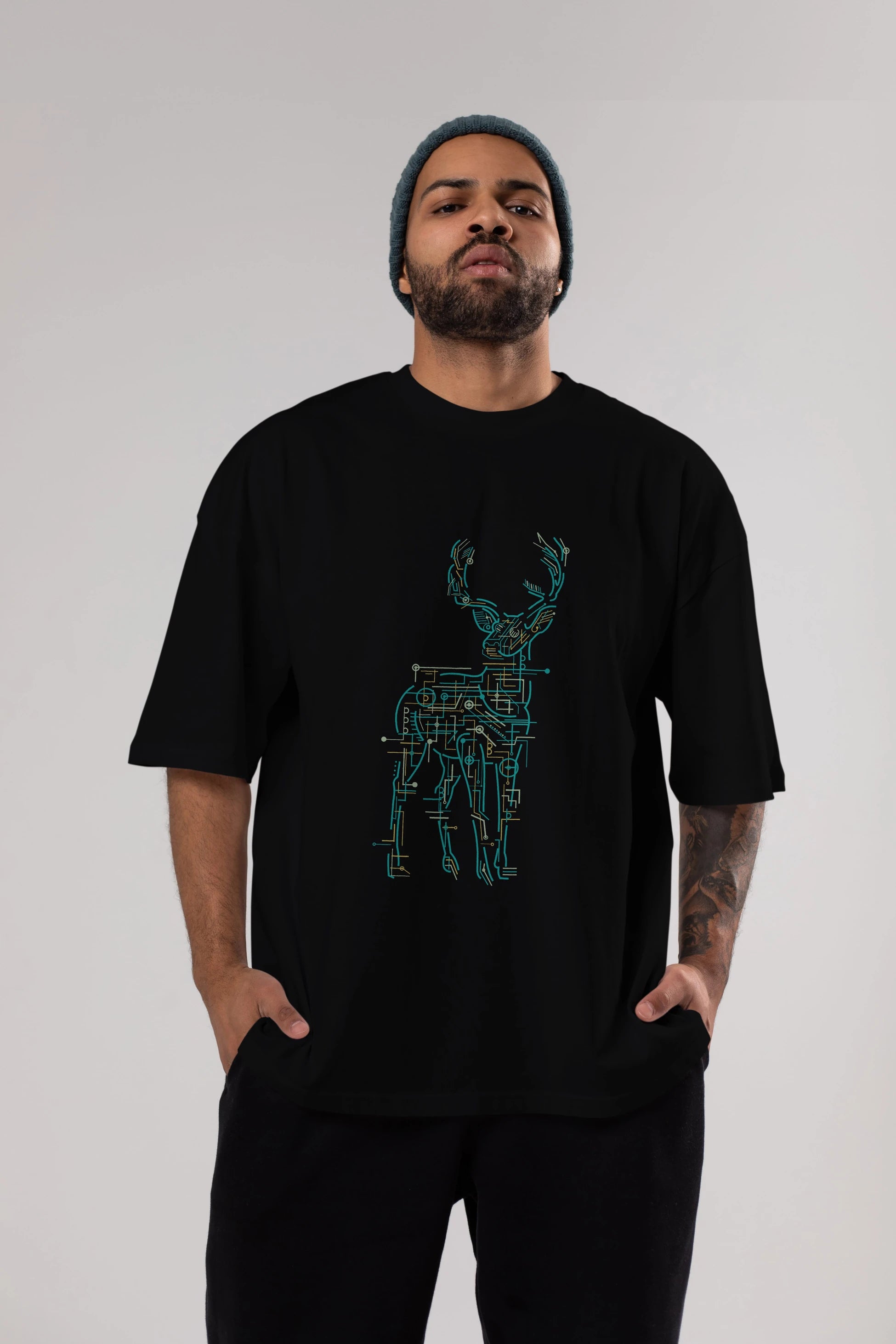 Electric Deer Ön Baskılı Oversize t-shirt %100 pamuk Erkek Kadın Unisex