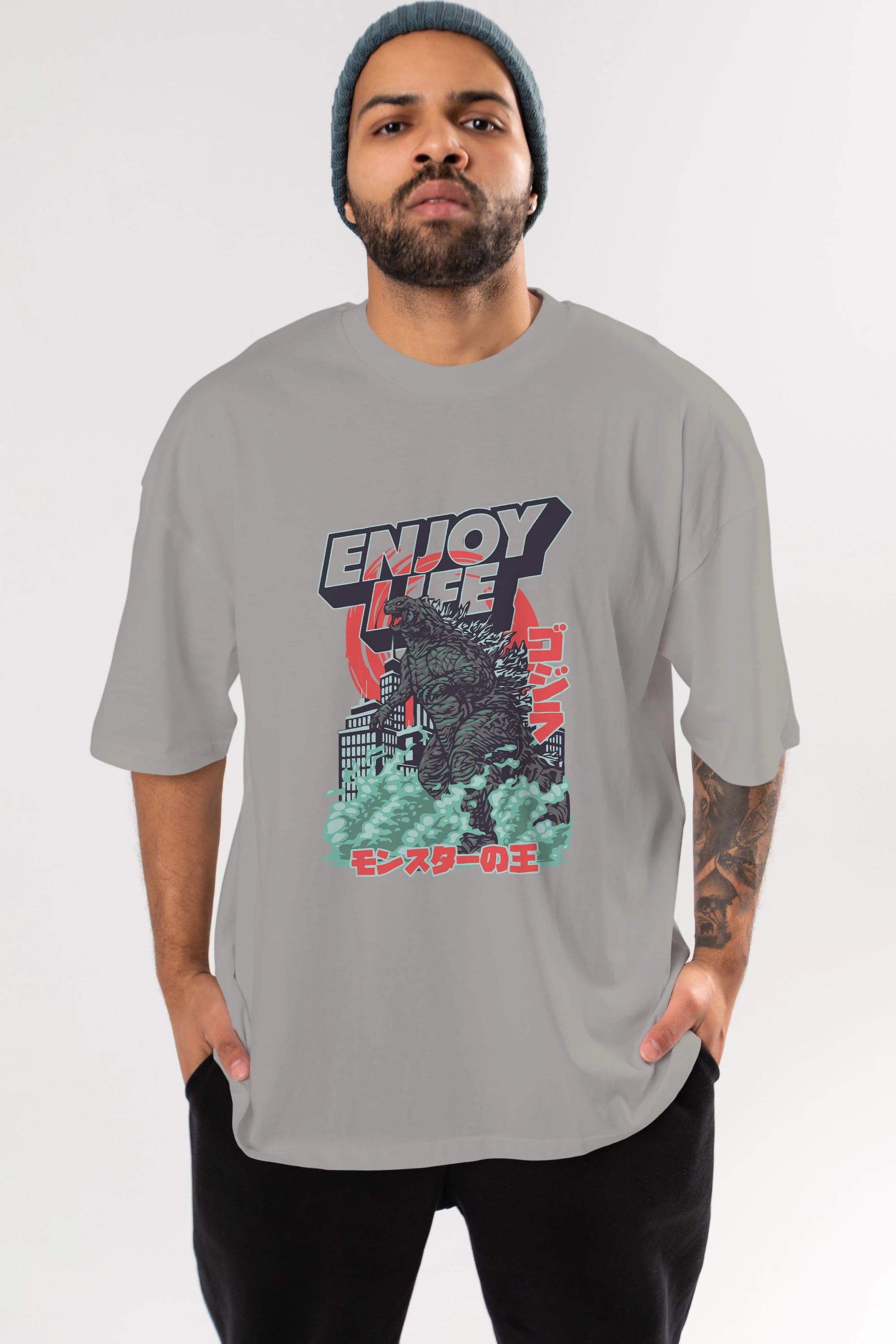 Godzilla Ön Baskılı Oversize t-shirt Erkek Kadın Unisex %100 Pamuk Bisiklet Yaka tişort