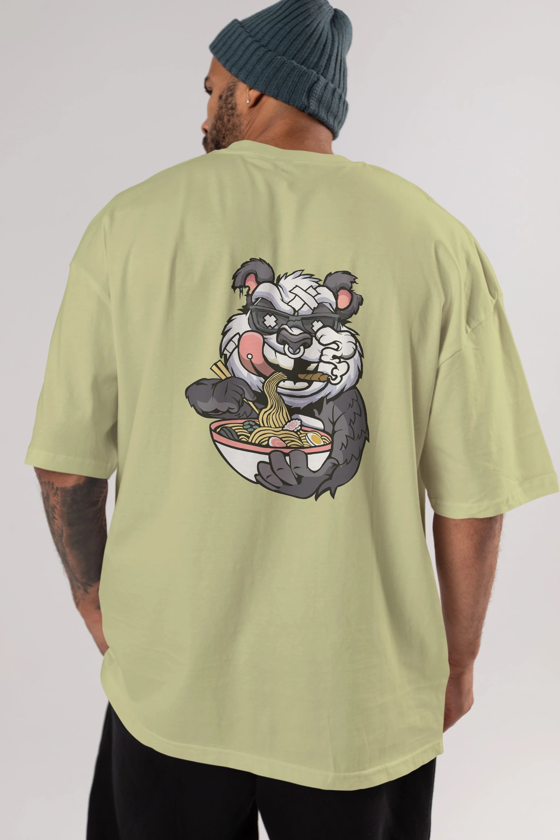 Panda Ramen Arka Baskılı Oversize t-shirt Erkek Kadın Unisex %100 Pamuk tişort