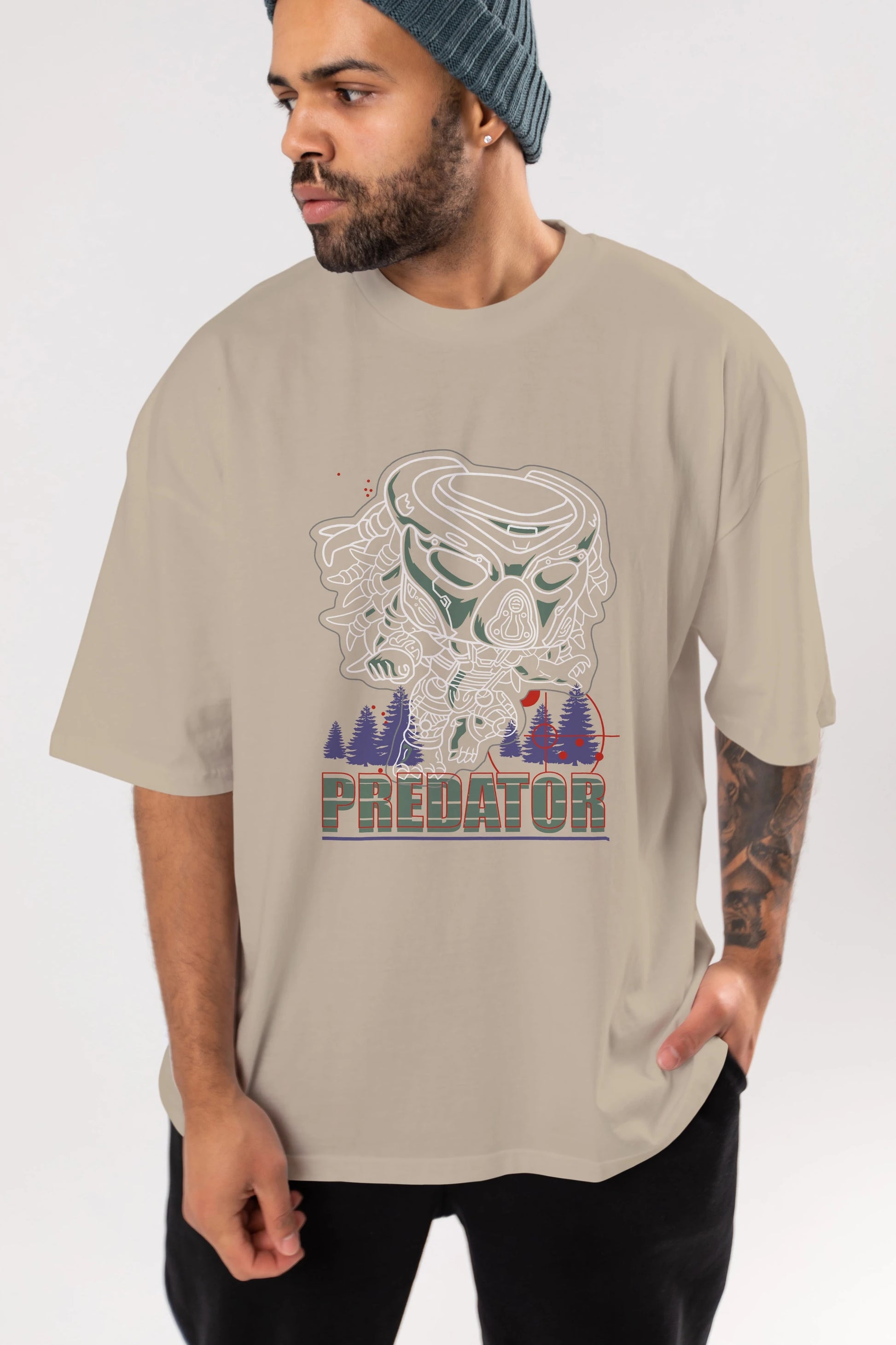 Predator Ön Baskılı Oversize t-shirt Erkek Kadın Unisex %100 Pamuk Bisiklet Yaka tişort