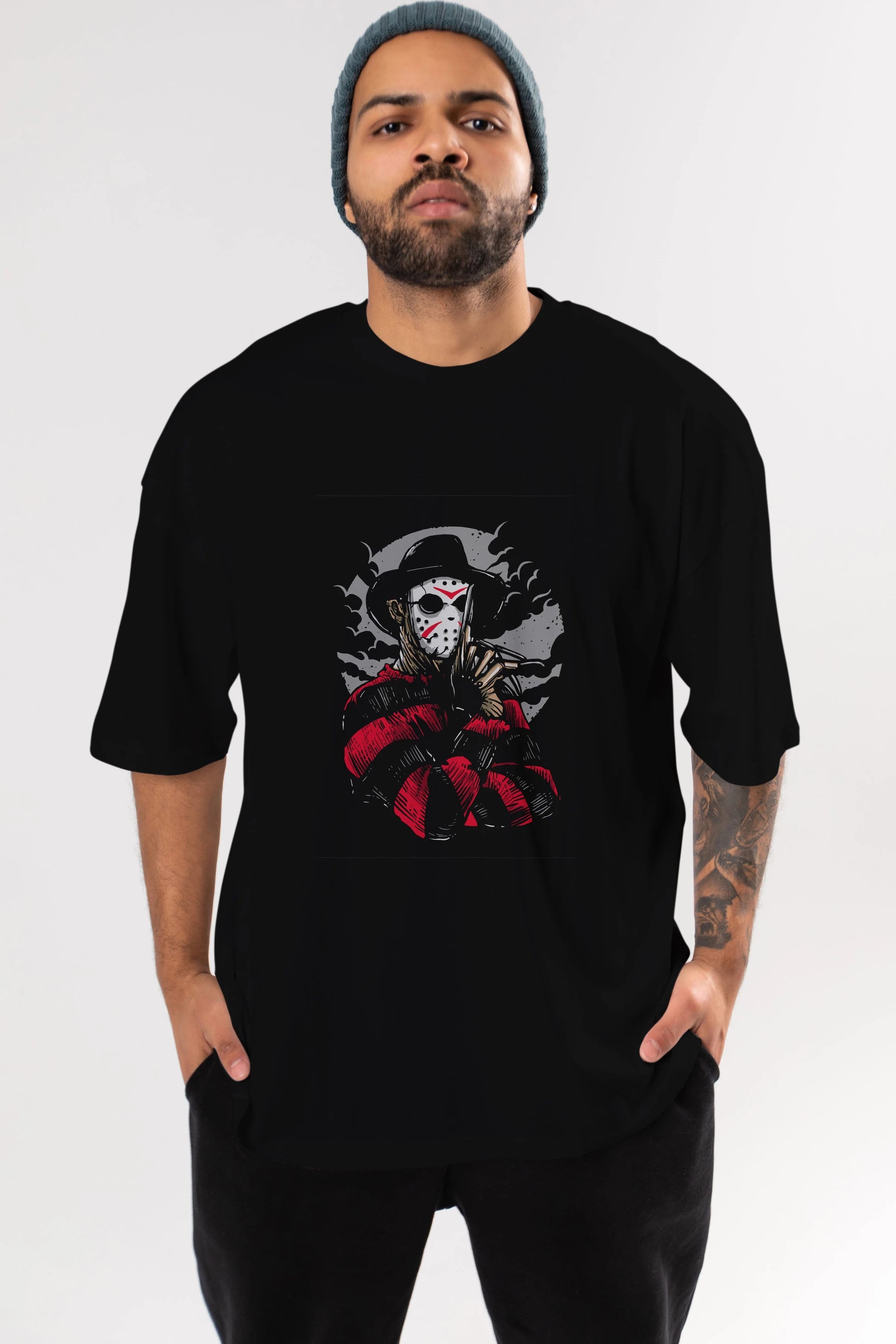 Freddy VS Jason (2) Ön Baskılı Oversize t-shirt Erkek Kadın Unisex %100 Pamuk tişort