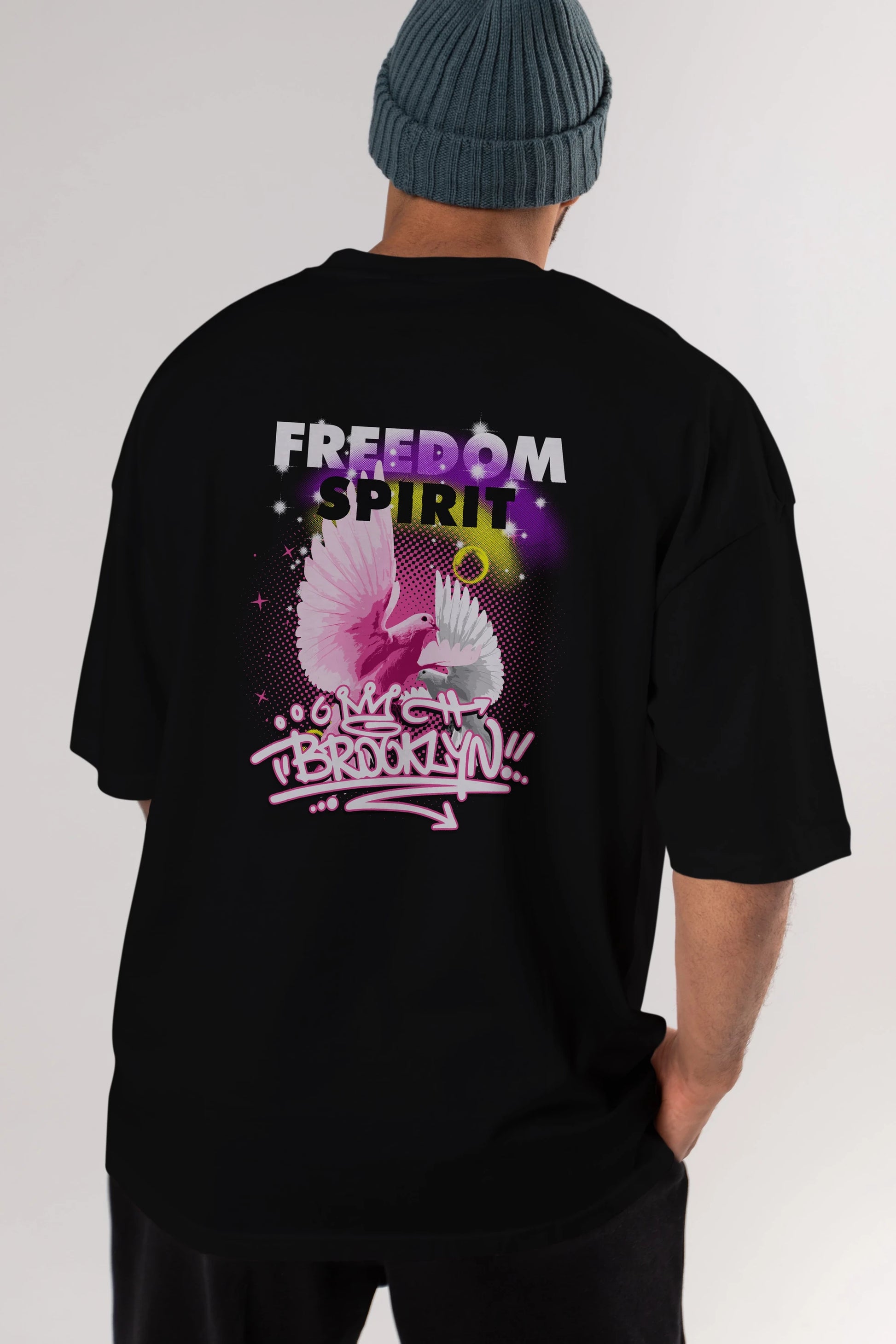 Freedom Spirit Brooklyn Arka Baskılı Oversize t-shirt Erkek Kadın Unisex