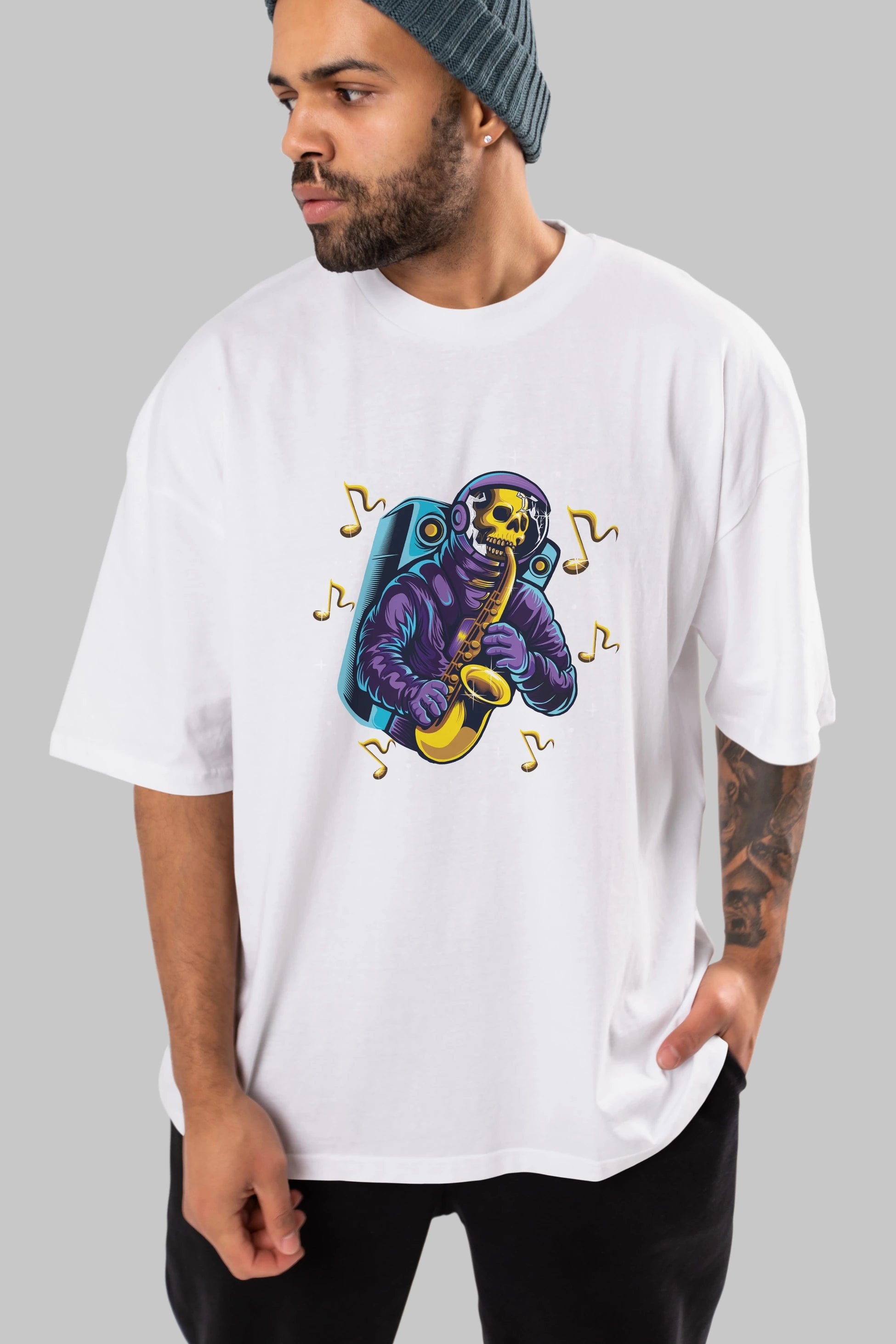 Astroskull Saxophonist Ön Baskılı Oversize t-shirt Erkek Kadın Unisex