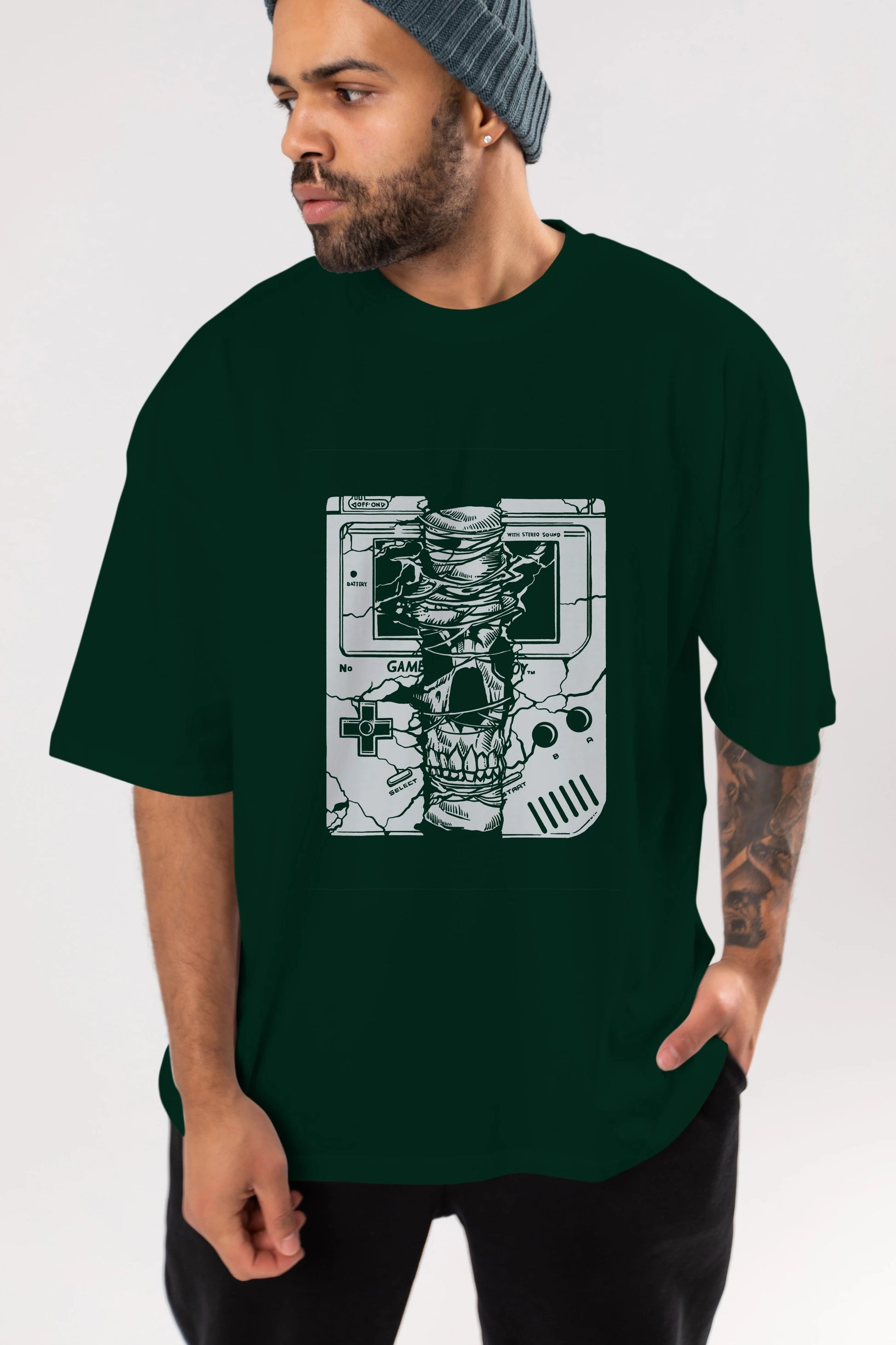 Gameboy Skull Ön Baskılı Oversize t-shirt Erkek Kadın Unisex %100 Pamuk tişort