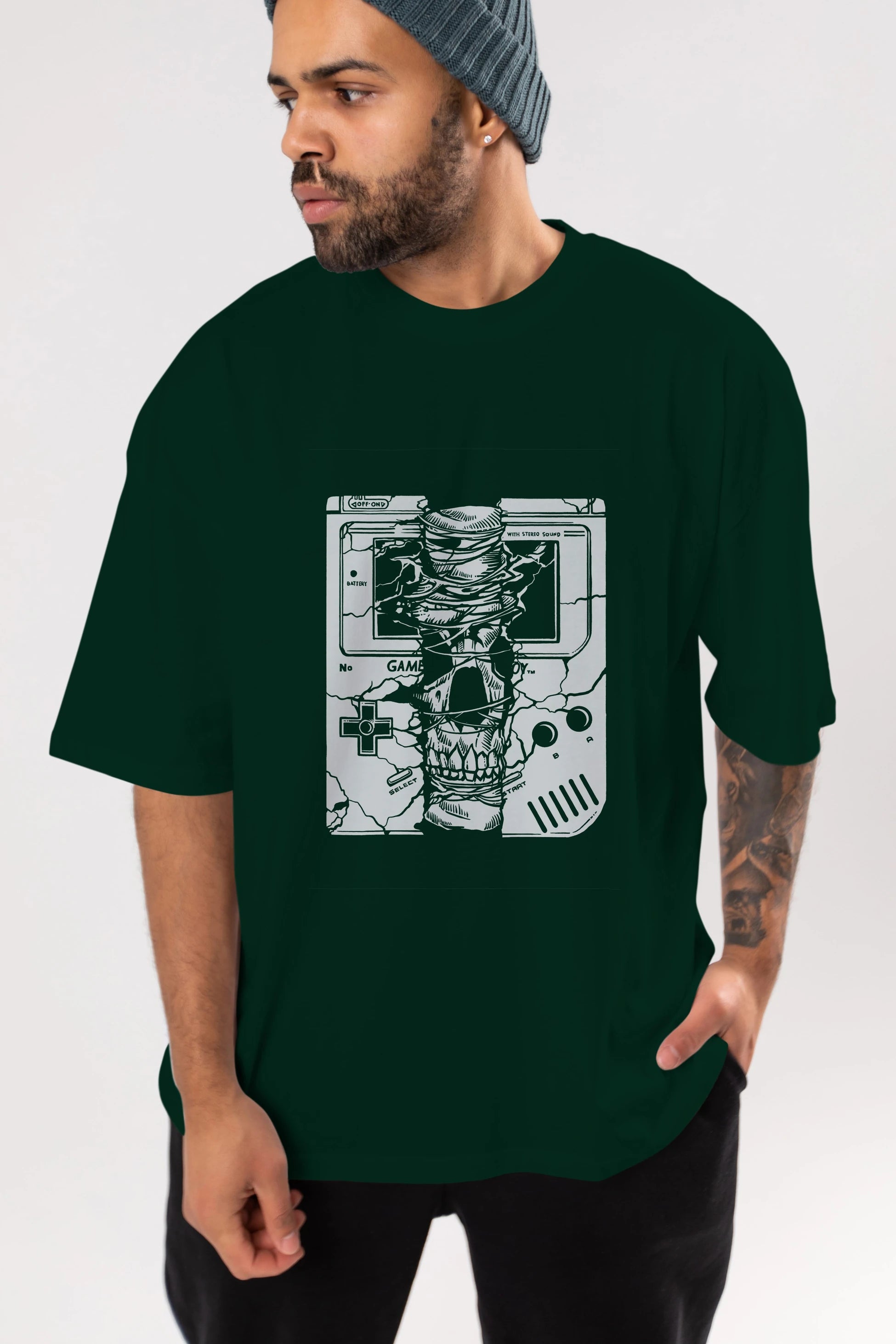 Gameboy Skull Ön Baskılı Oversize t-shirt Erkek Kadın Unisex %100 Pamuk tişort