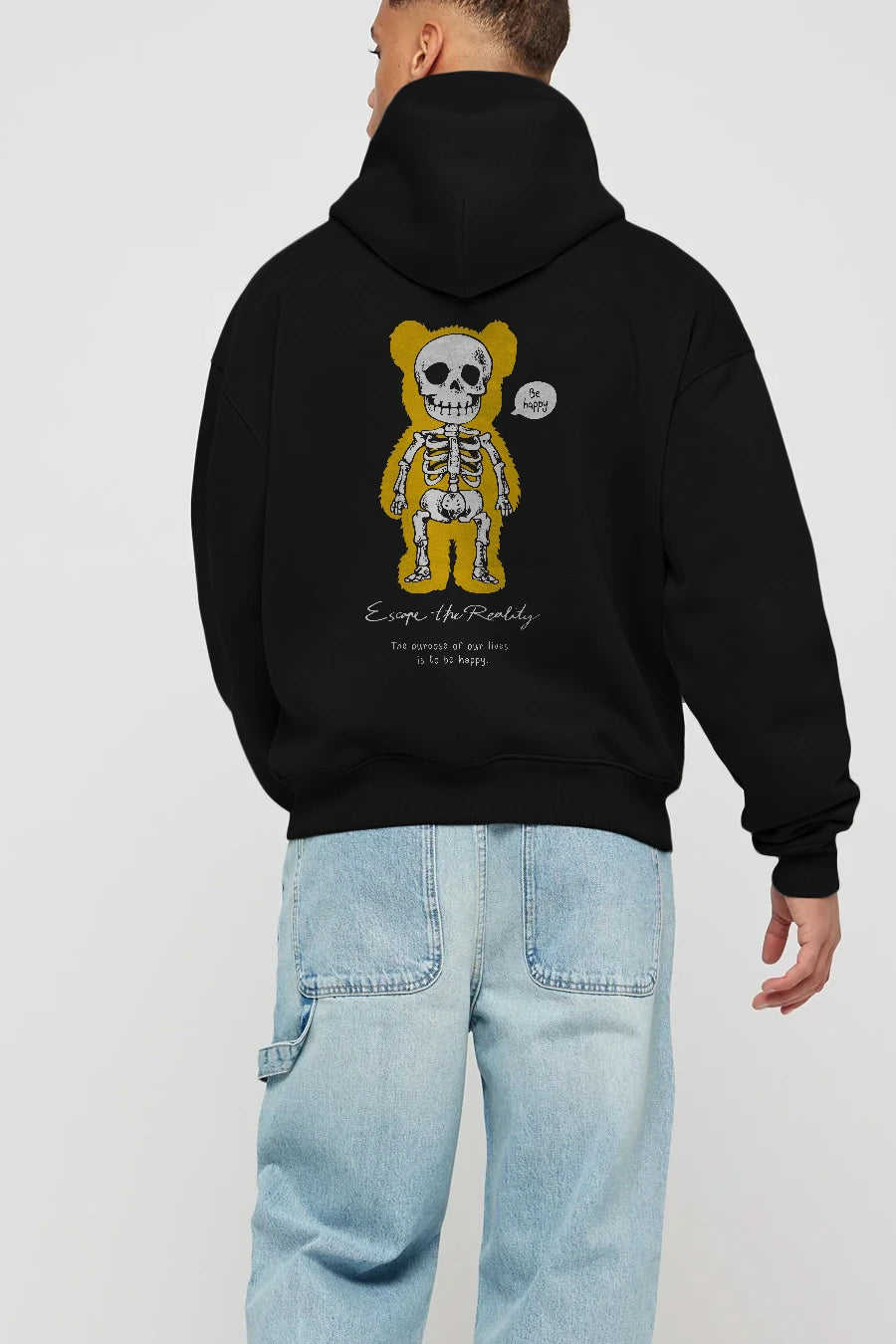 Be Happy Bear Arka Baskılı Hoodie Oversize Kapüşonlu Sweatshirt Erkek Kadın Unisex