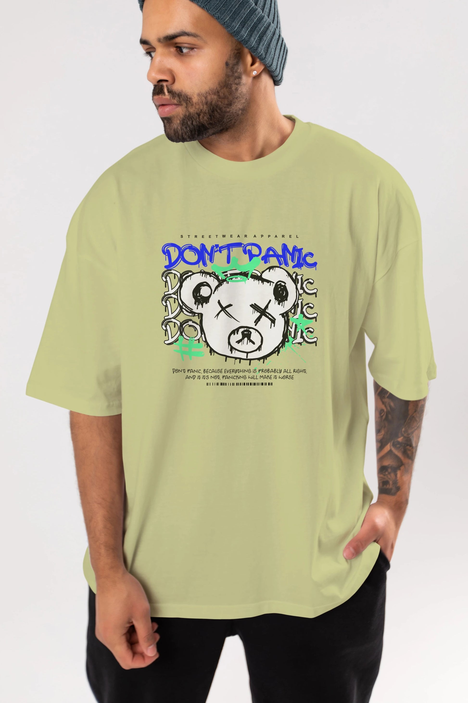 Teddy Bear Dont Panic Ön Baskılı Oversize t-shirt Erkek Kadın Unisex