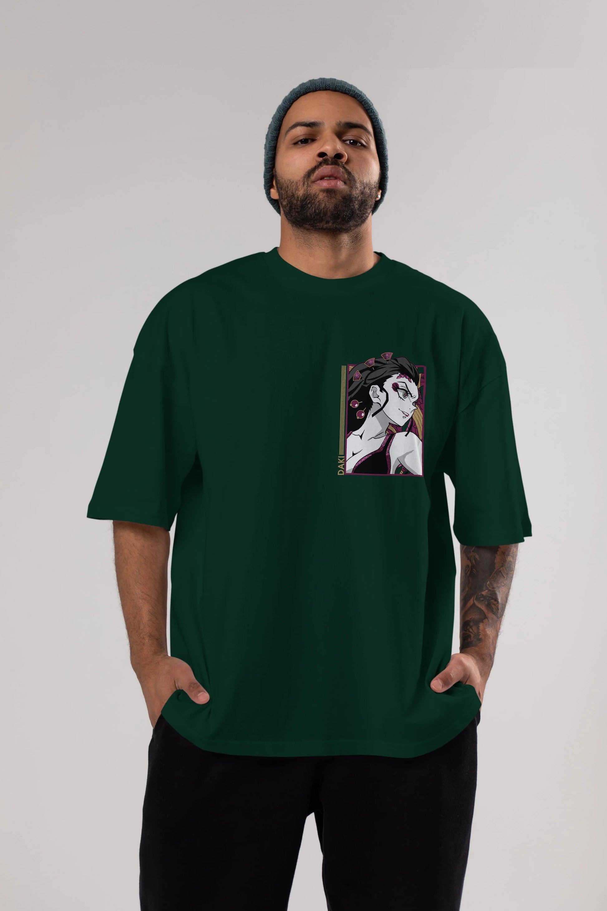 Daki DEMION SLAYER Ön Sol Baskılı Oversize t-shirt Erkek Kadın Unisex %100 Pamuk Bisiklet Yaka tişort