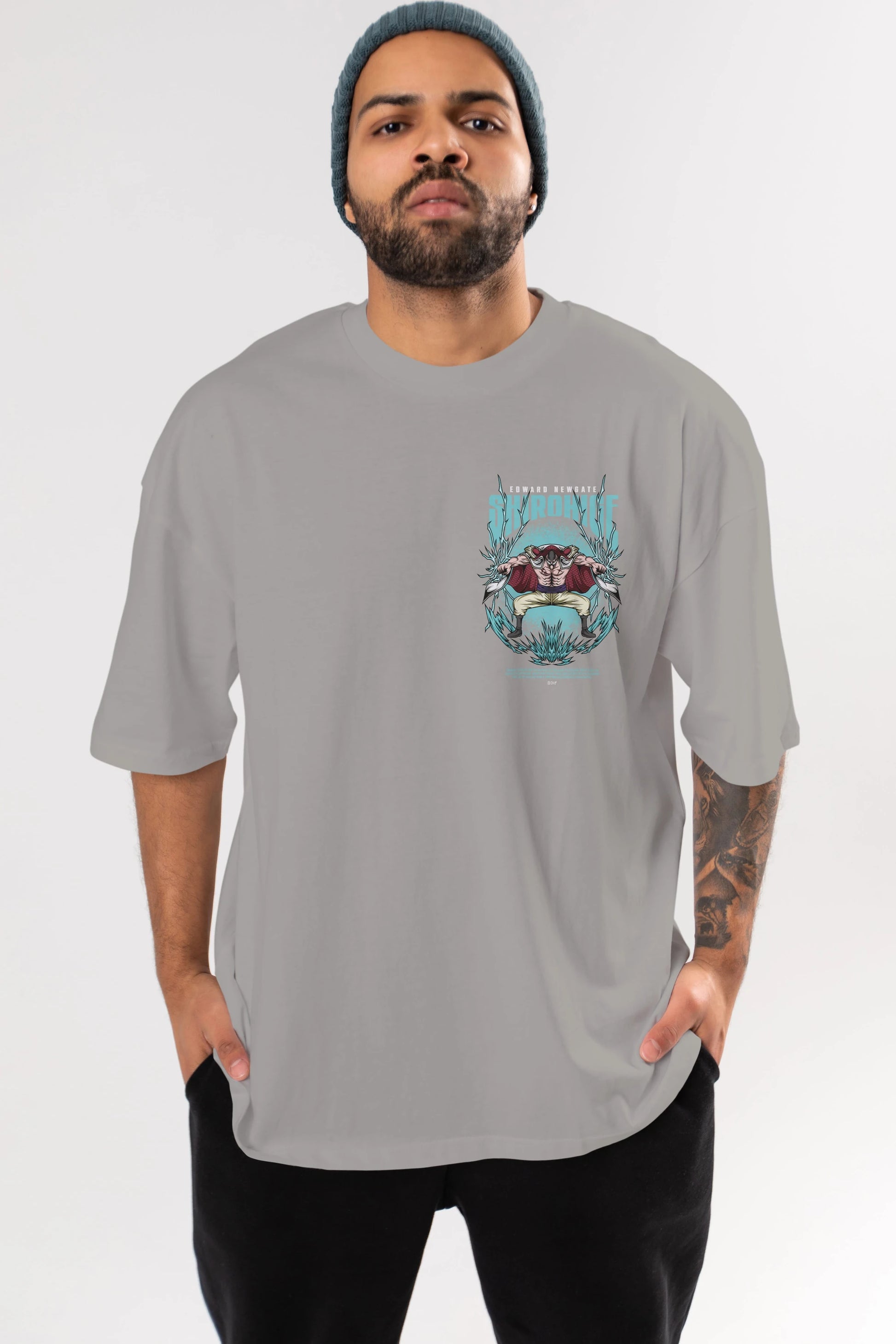 Shirohige Ön Sol Baskılı Oversize t-shirt Erkek Kadın Unisex %100 Pamuk Bisiklet Yaka tişort