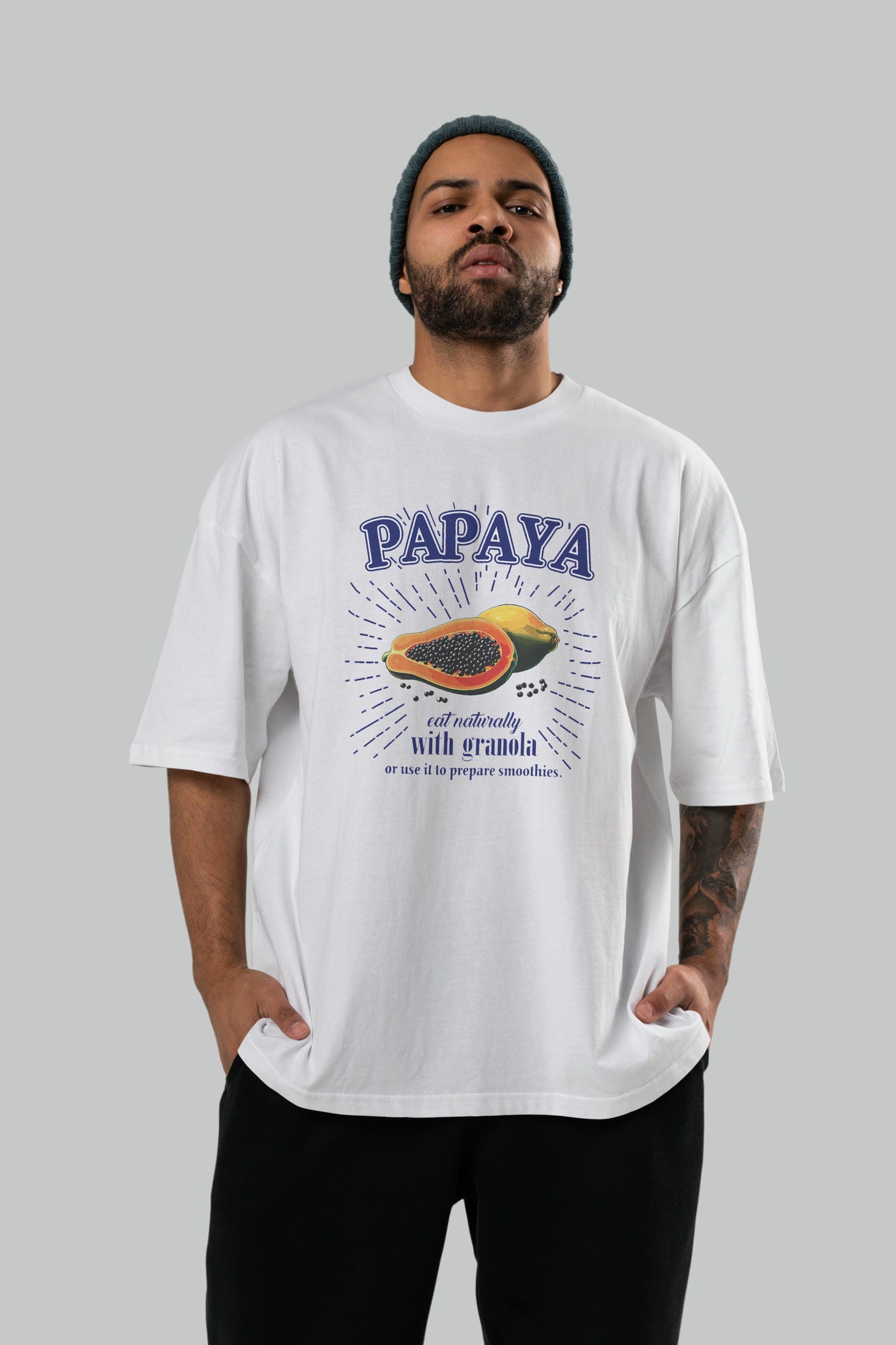 Papaya Ön Baskılı Oversize t-shirt Erkek Kadın Pamuk Bisiklet Yaka tişort