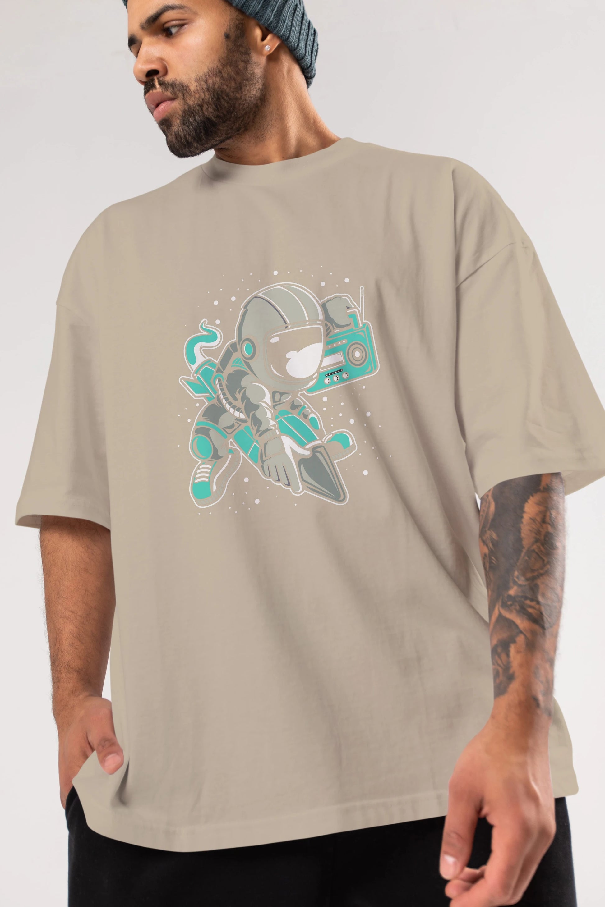 Astronaut Rocket (2) Ön Baskılı Oversize t-shirt Erkek Kadın Unisex