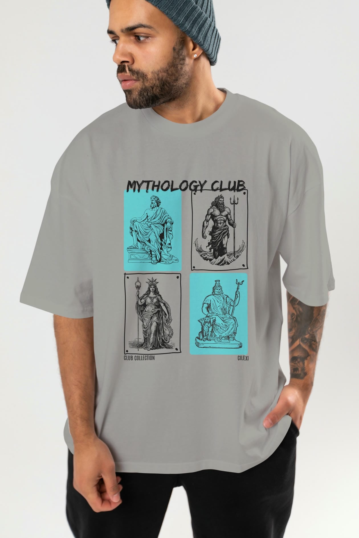 Mythology Club ön Baskılı Oversize t-shirt Erkek Kadın %100 Pamuk Bisiklet Yaka tişort