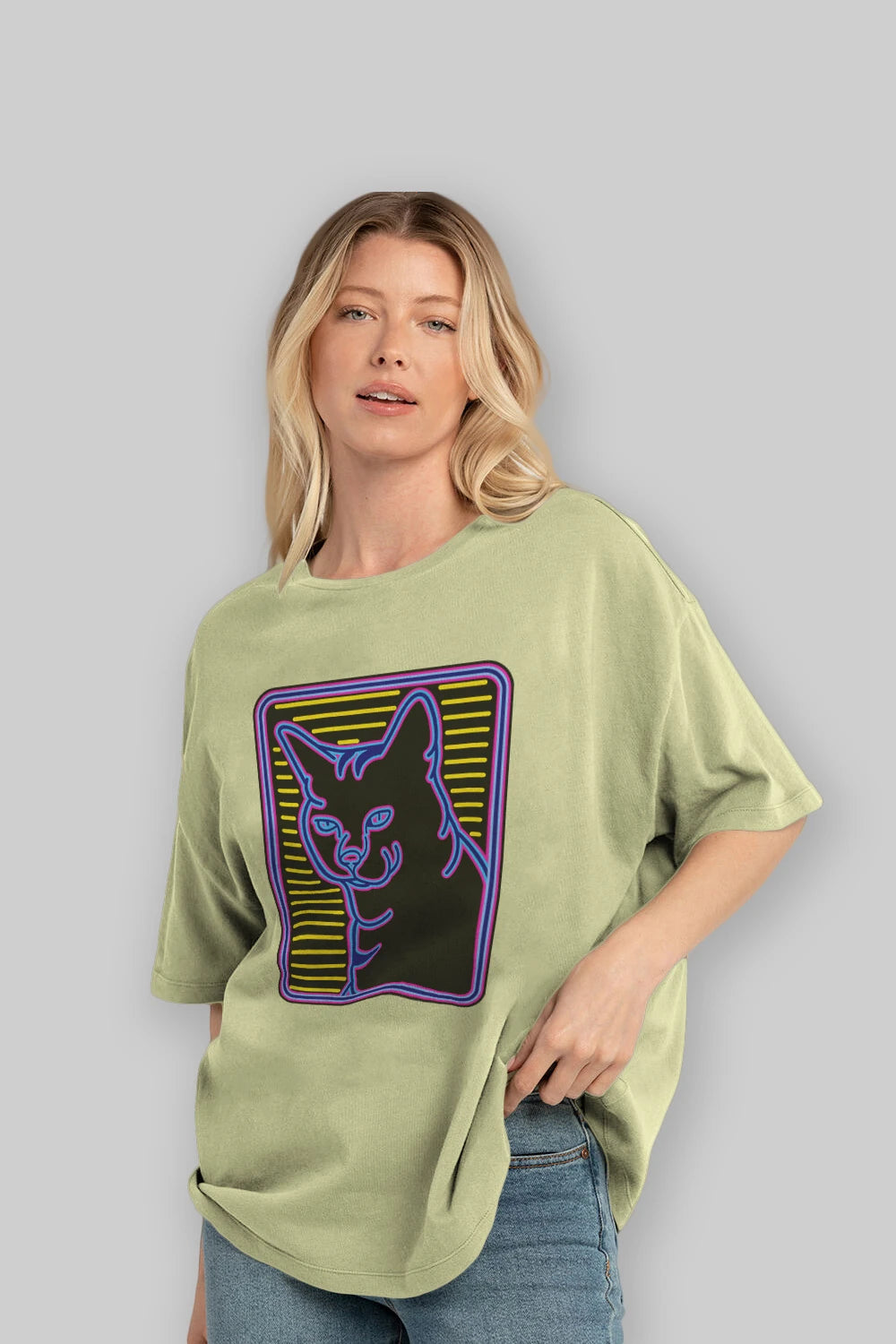 Neon Cat Ön Baskılı Oversize t-shirt Erkek Kadın Unisex