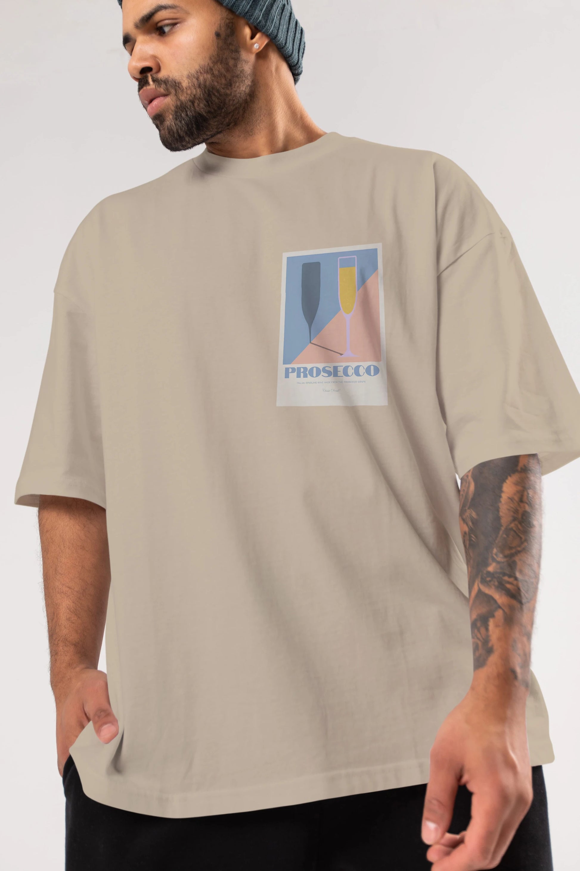 Prosecco Ön Sol Baskılı Oversize t-shirt Erkek Kadın Unisex %100 Pamuk Bisiklet Yaka tişort