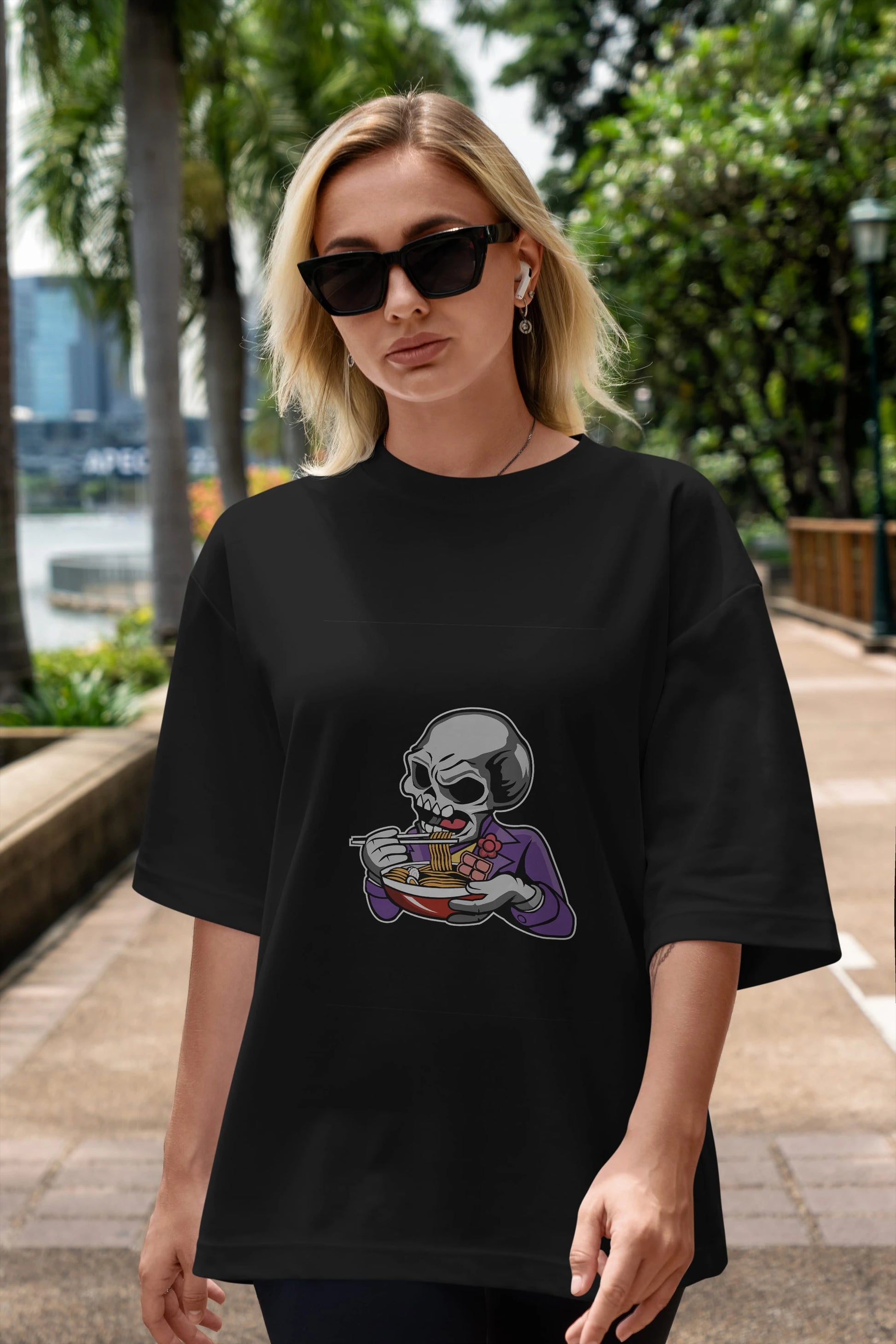 Skull Ramen Ön Baskılı Oversize t-shirt Erkek Kadın Unisex %100 Pamuk tişort