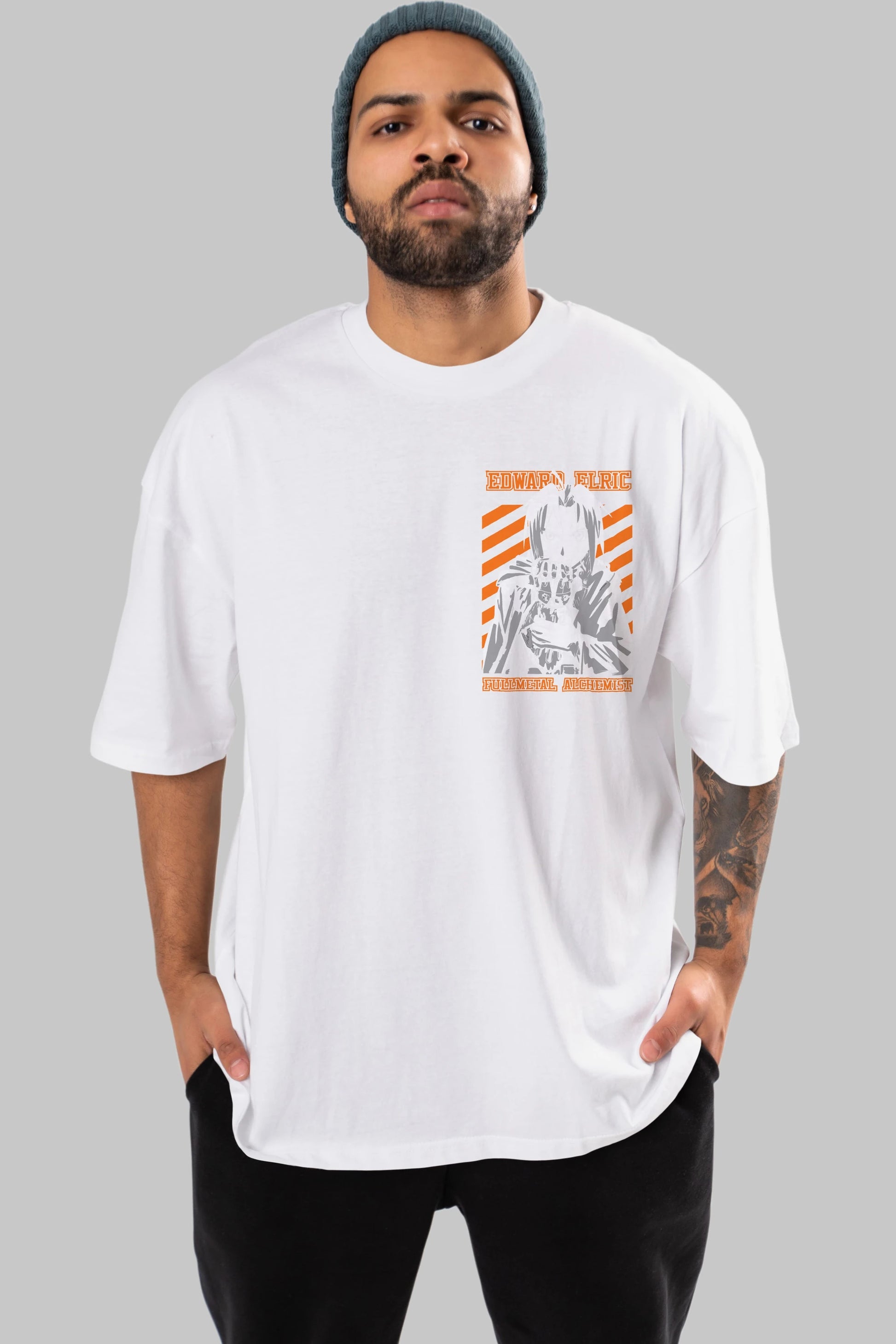 EDWARD ELRIC Ön Sol Baskılı Oversize t-shirt Erkek Kadın Unisex %100 Pamuk Bisiklet Yaka tişort