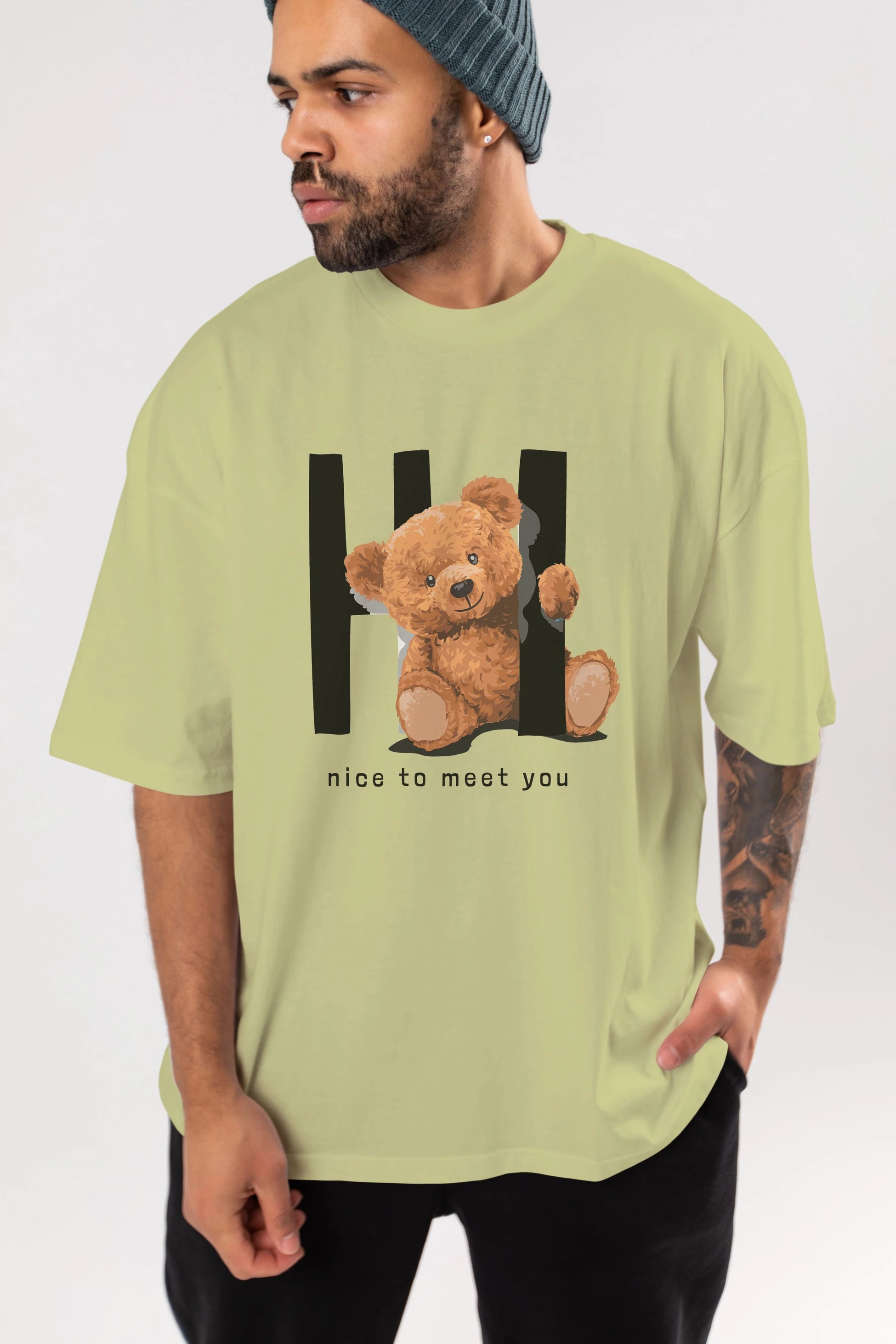 Teddy Bear Hi Nice To Meet You Ön Baskılı Oversize t-shirt Erkek Kadın Unisex %100 Pamuk