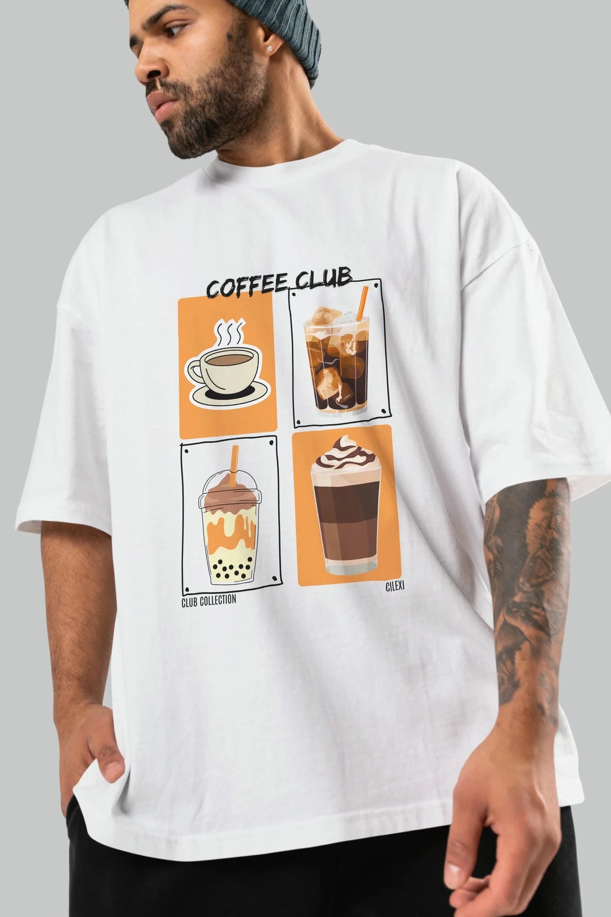 Coffee Club ön Baskılı Oversize t-shirt Erkek Kadın %100 Pamuk Bisiklet Yaka tişort