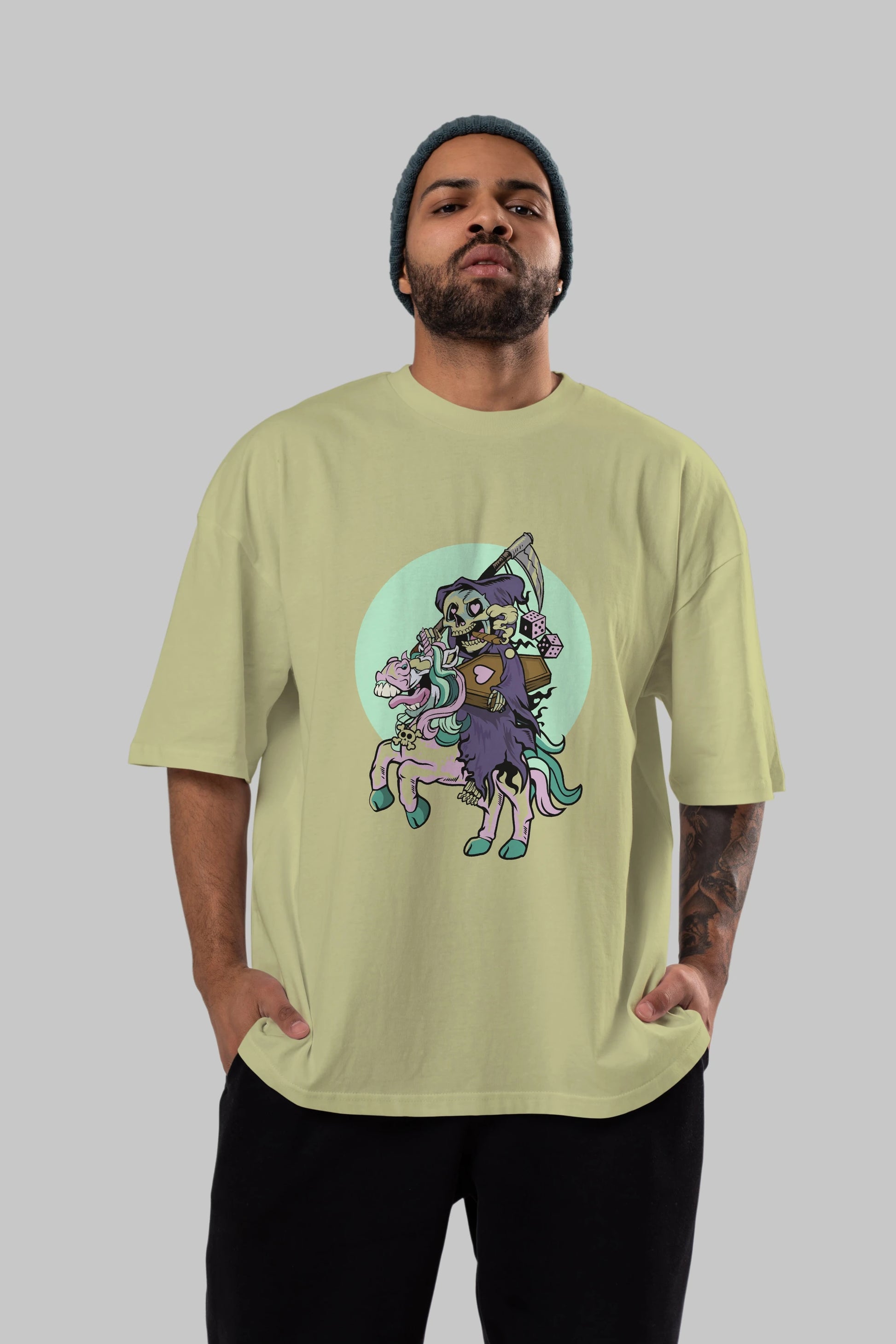 Grim Reaper Riding Unicorn Ön Baskılı Oversize t-shirt Erkek Kadın Unisex %100 Pamuk tişort