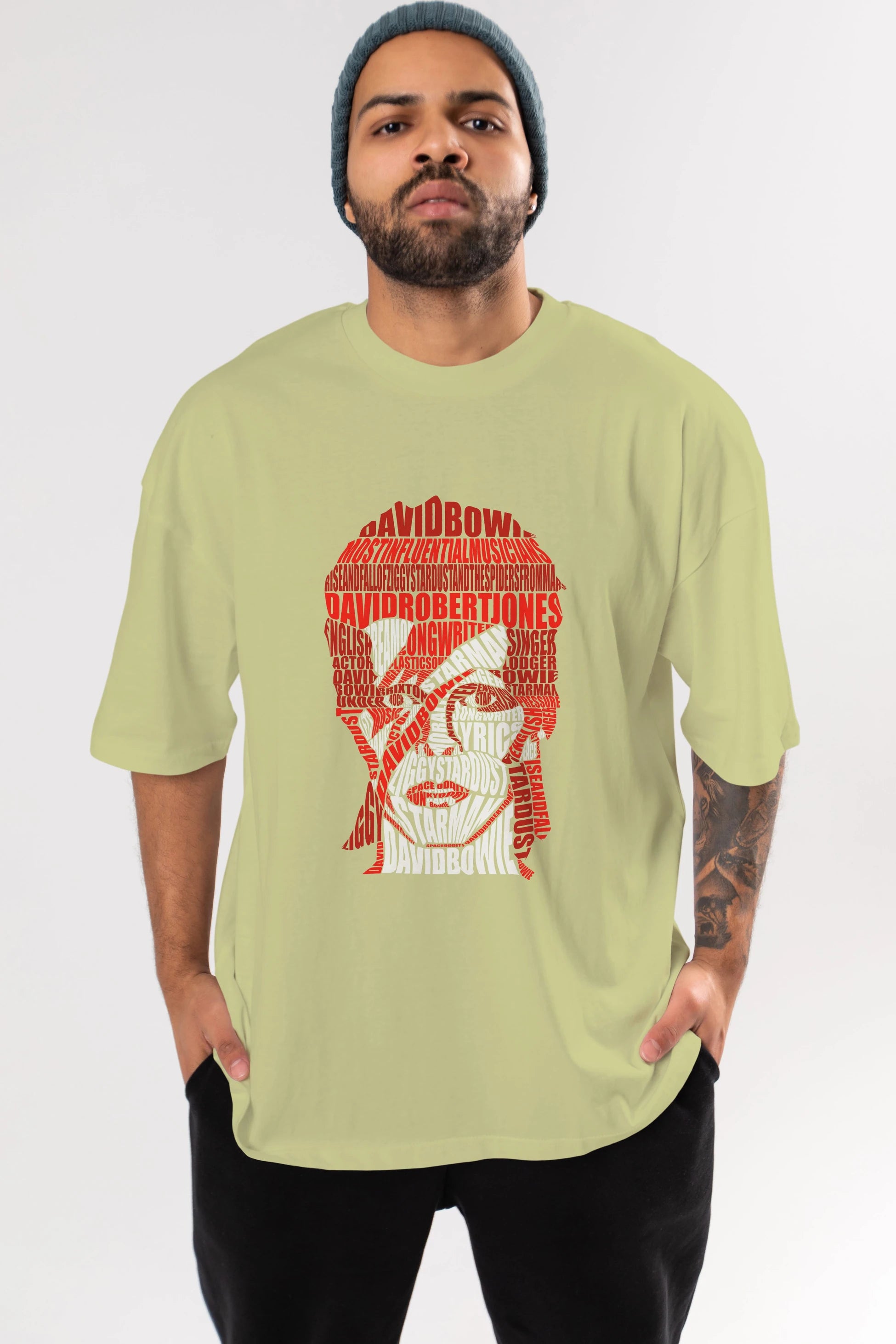 David Bowie Calligram Ön Baskılı Oversize t-shirt %100 pamuk Erkek Kadın Unisex