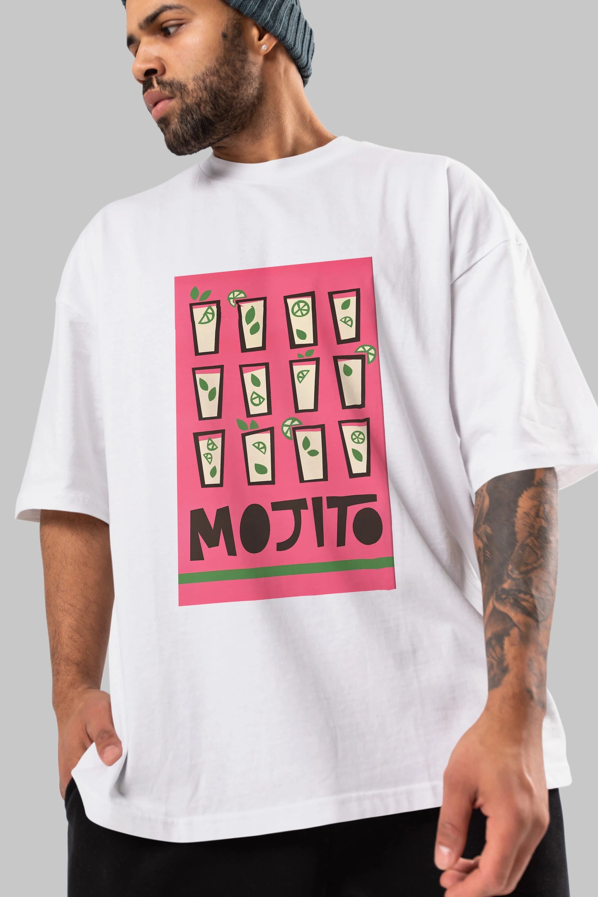 Mojito Ön Baskılı Oversize t-shirt Erkek Kadın Unisex %100 Pamuk Bisiklet Yaka tişort