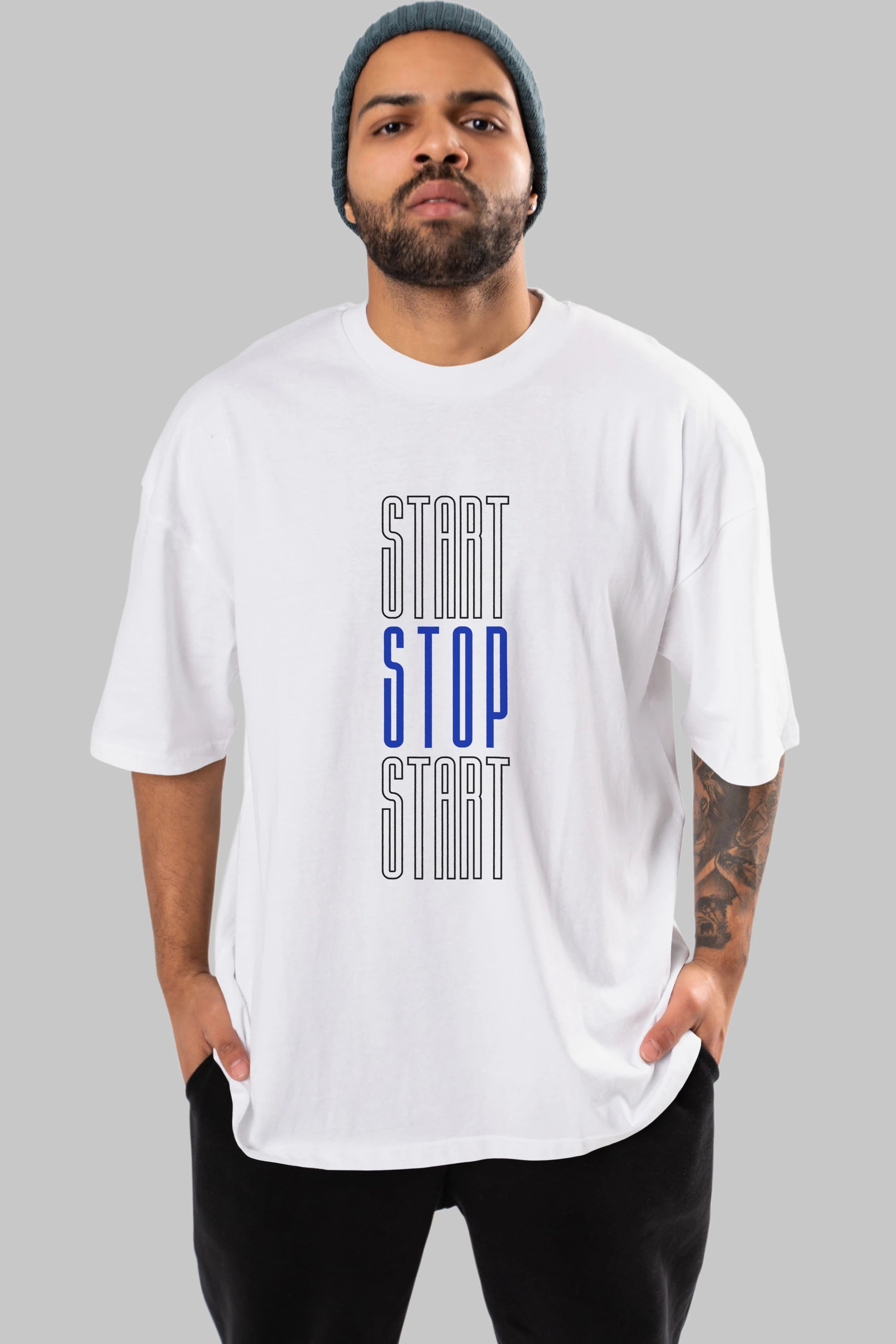 Start Stop Start Yazılı Ön Baskılı Oversize t-shirt Erkek Kadın Unisex