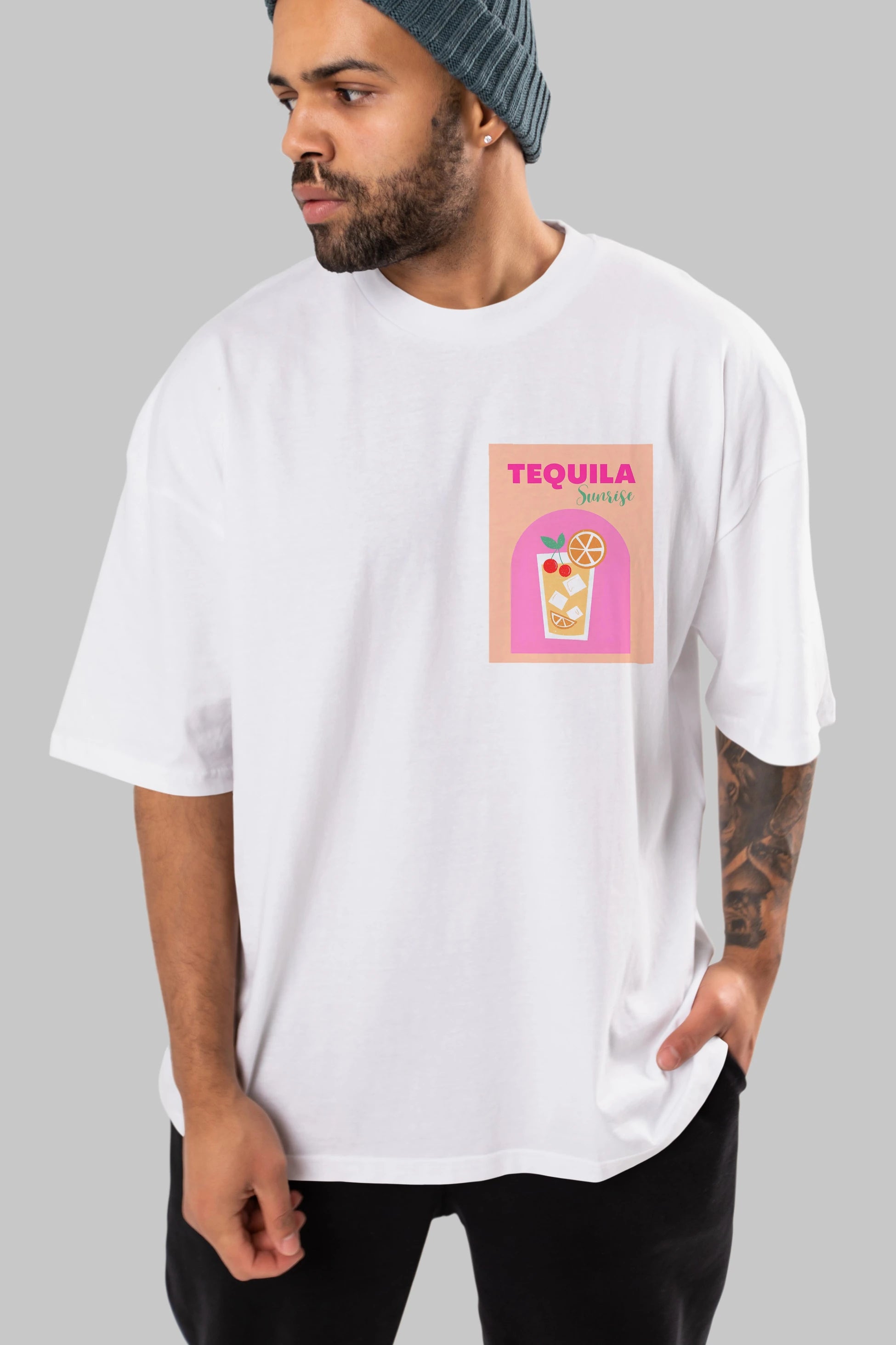 Tequila Sunrise 2 Ön Sol Baskılı Oversize t-shirt Erkek Kadın Unisex %100 Pamuk Bisiklet Yaka tişort