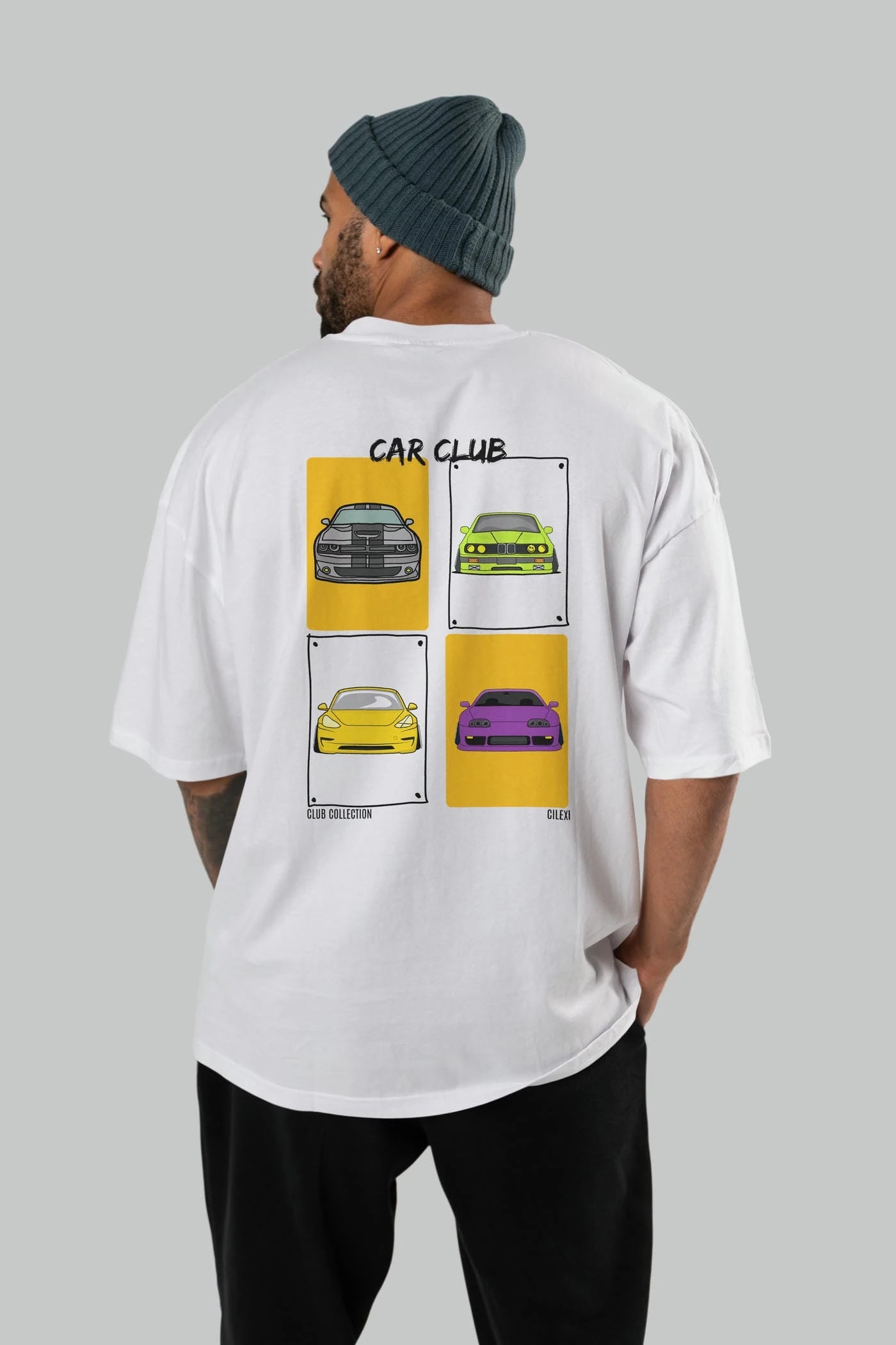 Car Club Arka Baskılı Oversize t-shirt Erkek Kadın %100 Pamuk Bisiklet Yaka tişort