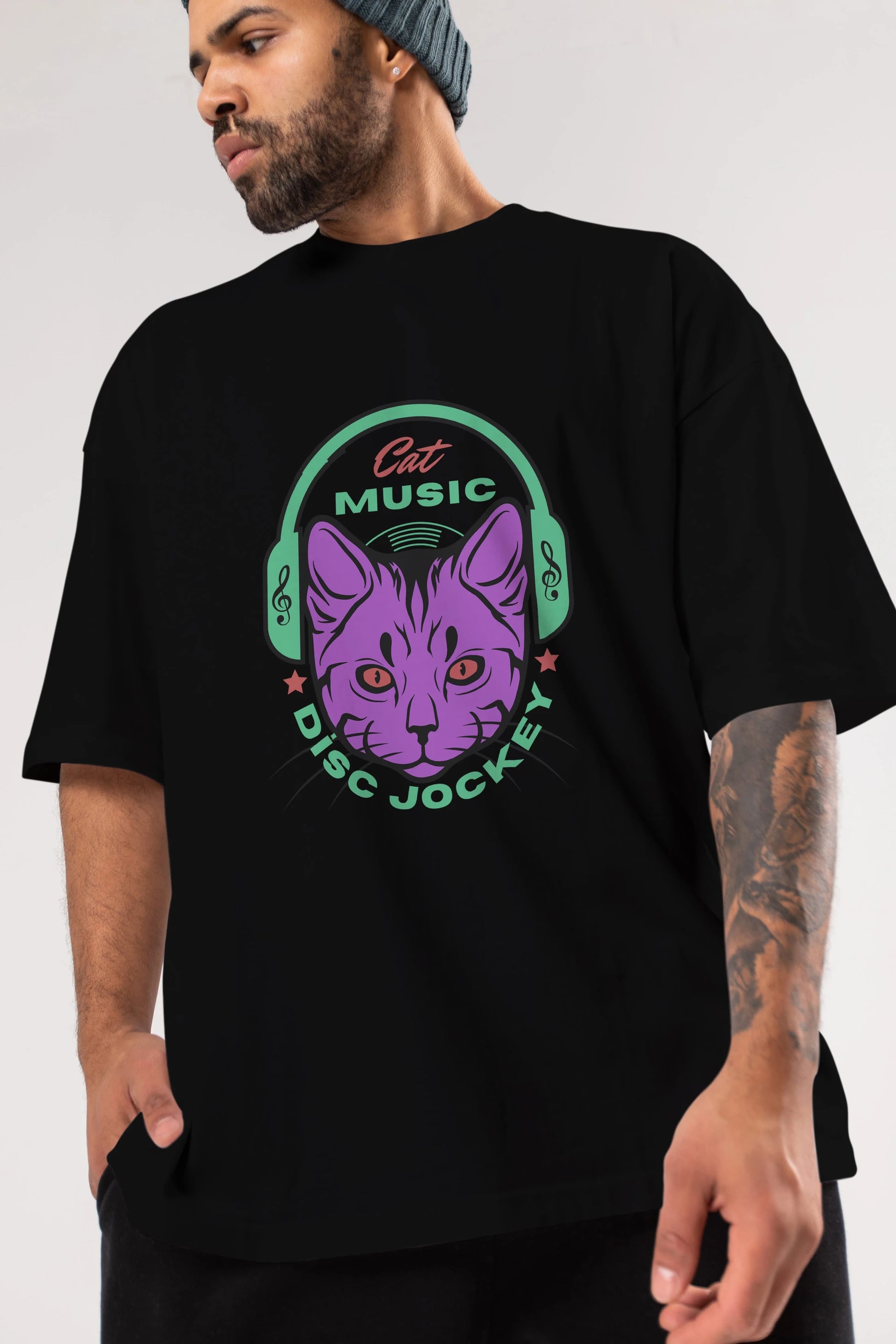 Cat Music Ön Baskılı Oversize t-shirt Erkek Kadın Unisex