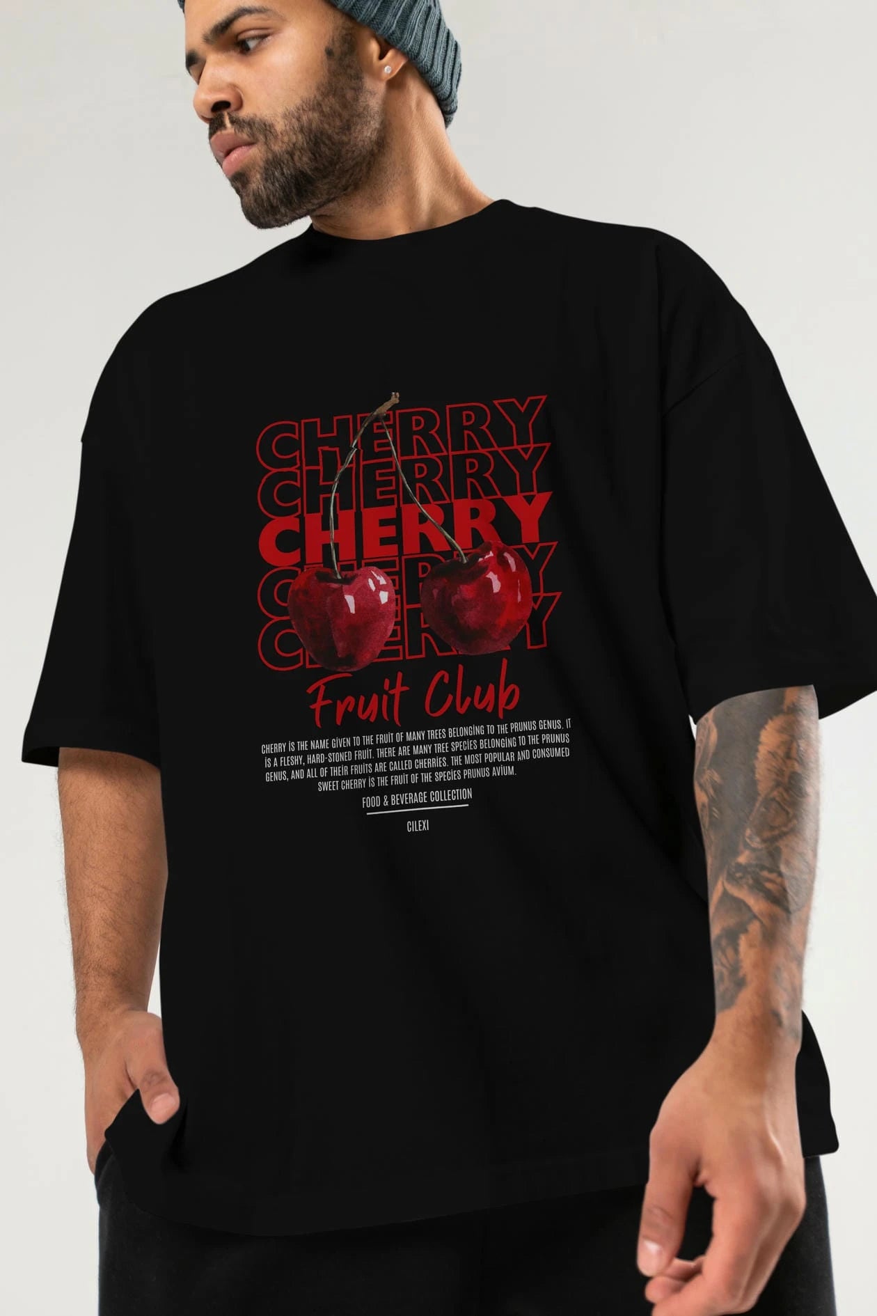 Cherry Ön Baskılı Oversize t-shirt Erkek Kadın Pamuk Bisiklet Yaka tişort